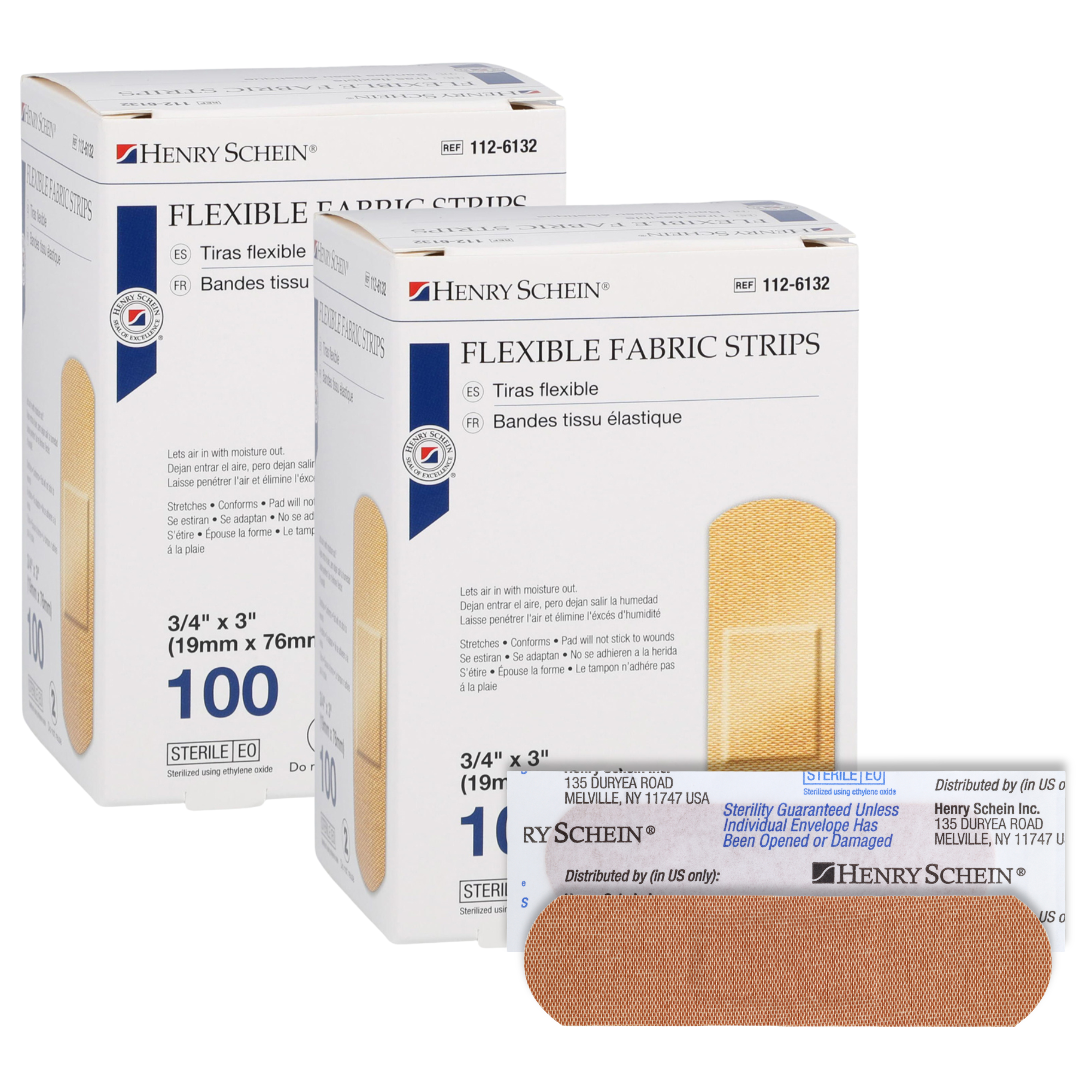 Henry Schein Sterile Adhesive Fabric Bandages, 3/4" x 3" – Box of 100 Flexible, Breathable Strips – Soft, Stretchable Wound Covers for First Aid, Medical Use, Clinics & Emergency Kits