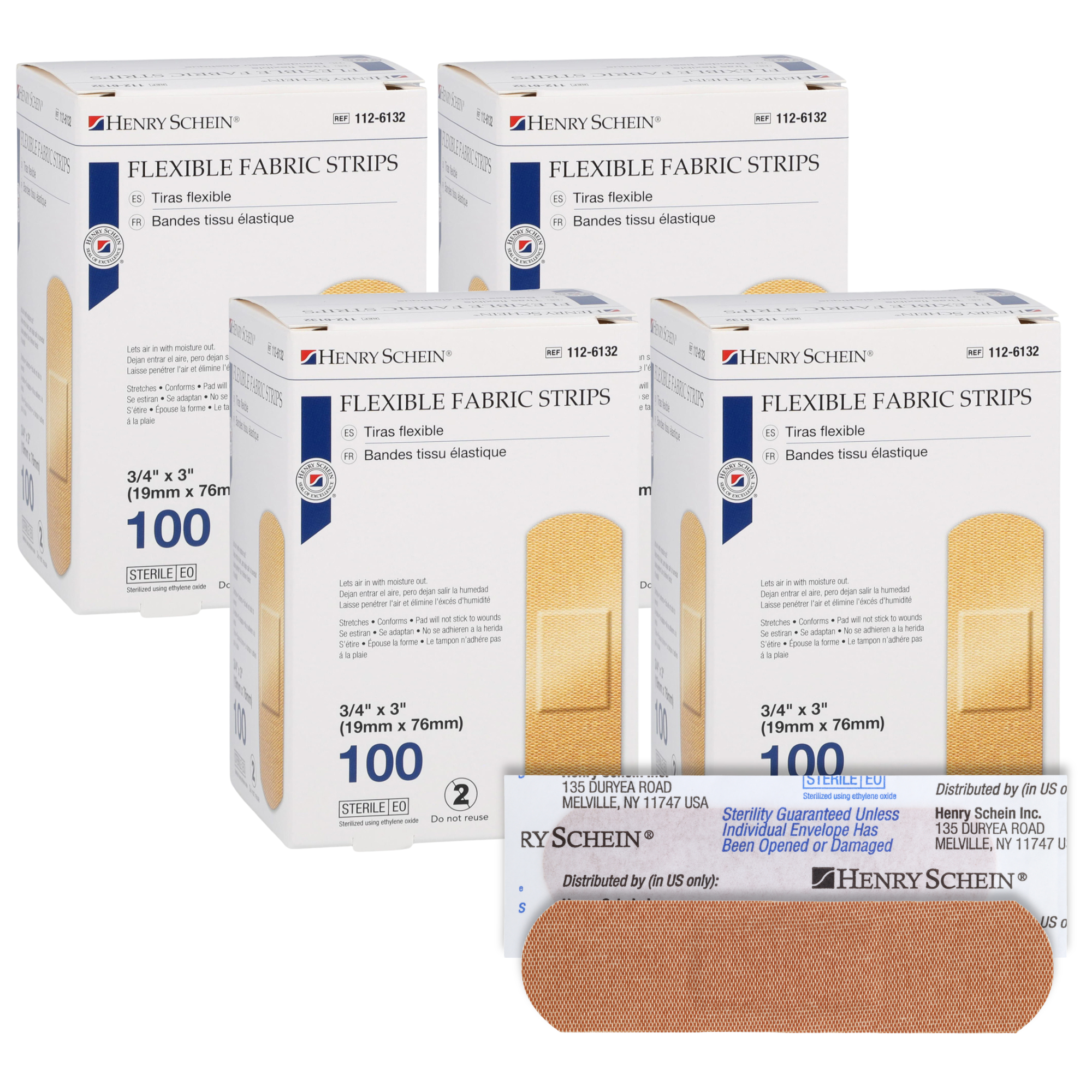 Henry Schein Sterile Adhesive Fabric Bandages, 3/4" x 3" – Box of 100 Flexible, Breathable Strips – Soft, Stretchable Wound Covers for First Aid, Medical Use, Clinics & Emergency Kits