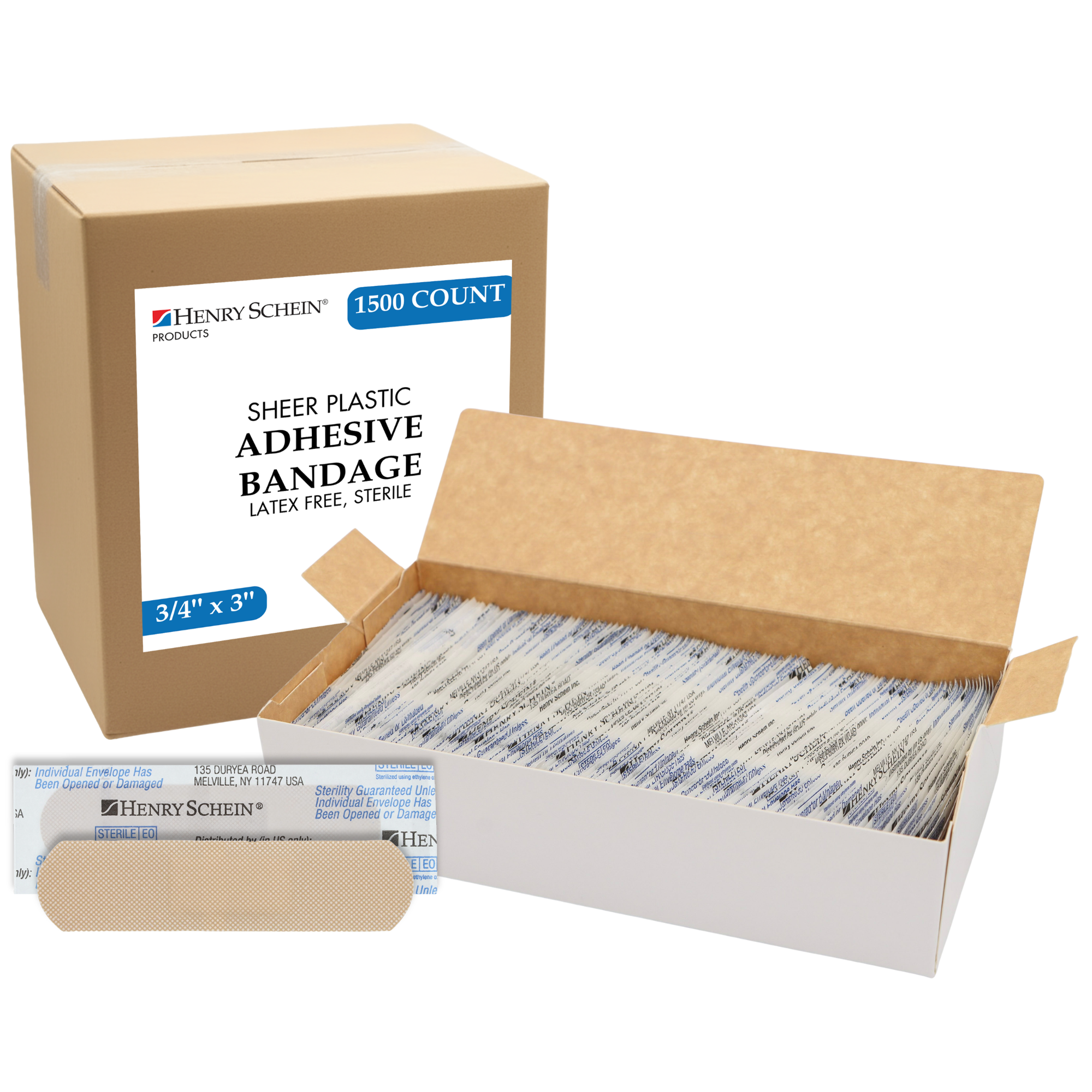 Henry Schein Sheer Adhesive Bandages, 3/4" x 3" Sterile Strips | Bulk Case of 1,500 (10 Packs of 150) | Breathable, Latex-Free First Aid Bandages for School Nurses, Offices & Businesses
