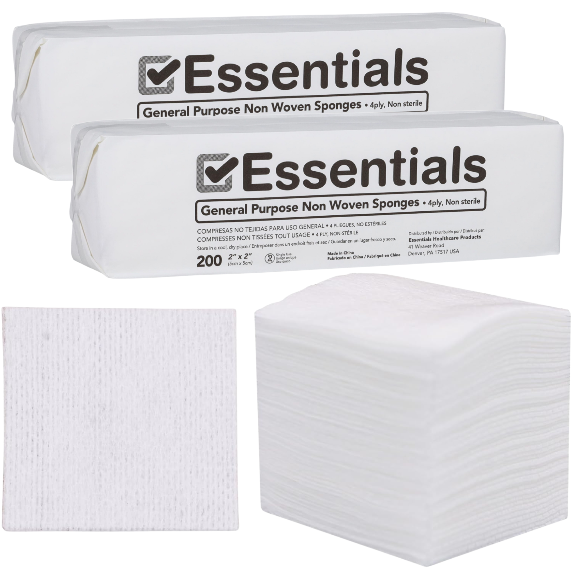 Essentials Non-Woven Gauze Sponges – 2" x 2", 4-Ply, Rayon/Poly Blend, Non-Sterile, Soft & Absorbent, Low-Lint, Disposable – 200 Count