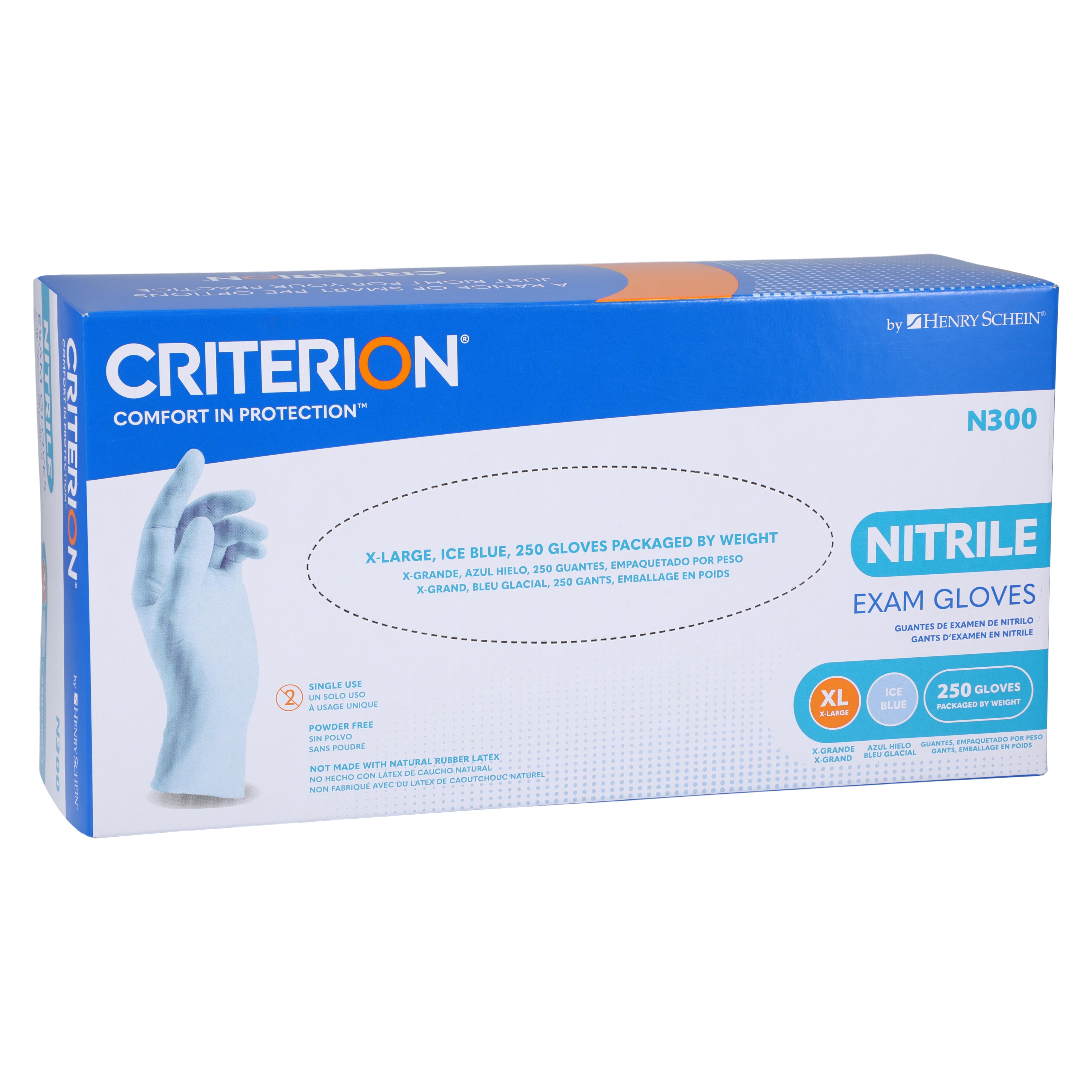 Criterion N300 Ice Blue Nitrile Exam Gloves – Sizes XS–XL, Chlorinated, Non-Sterile, Latex-Free – 300/Box (XS–L), 250/Box (XL)