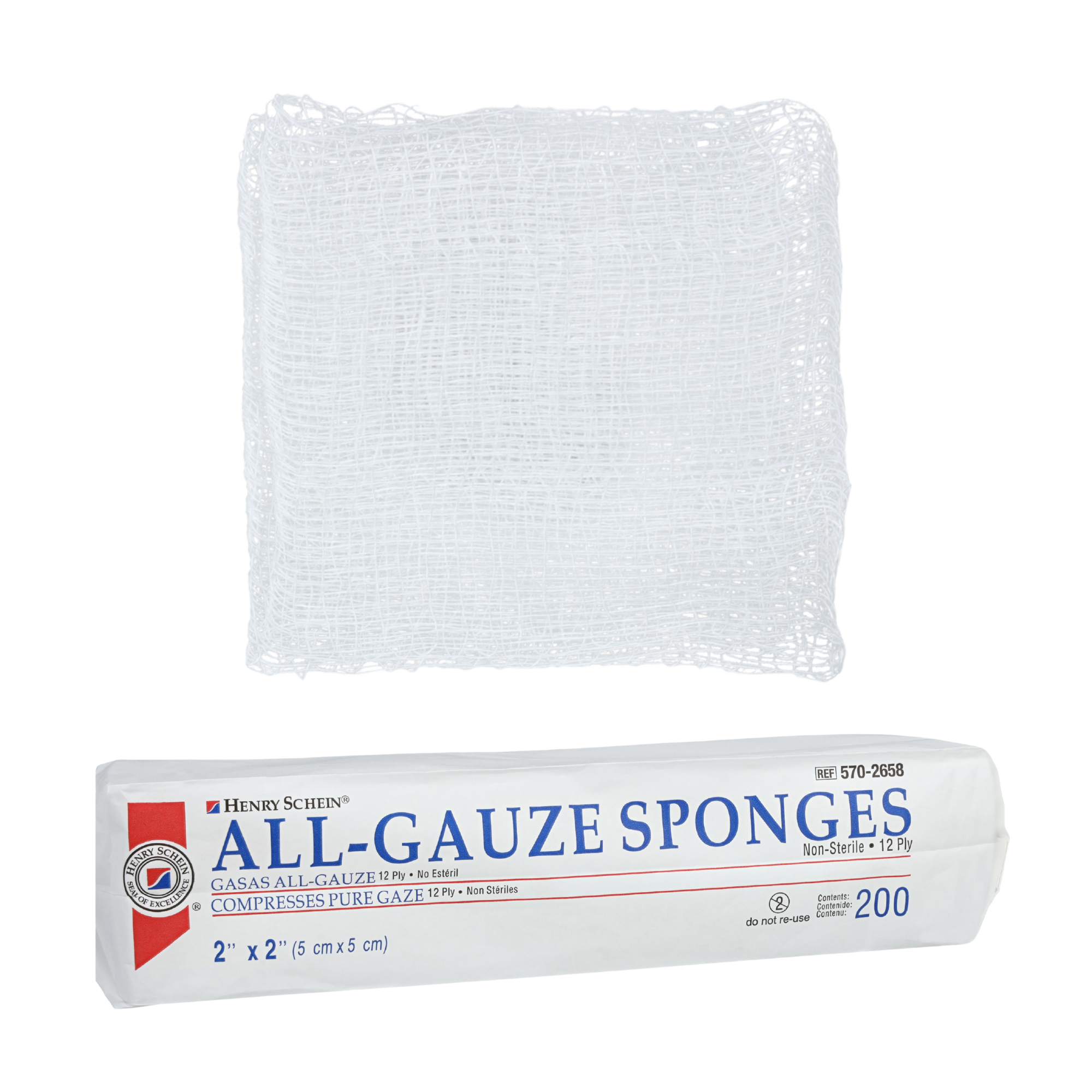Henry Schein 100% Cotton Woven All-Gauze Sponge 2x2 12 Ply Non-Sterile Square for Wound Dressing Gauze Sponge-Pads for Wound Care & Home First Aid Kits, 200 / Pack