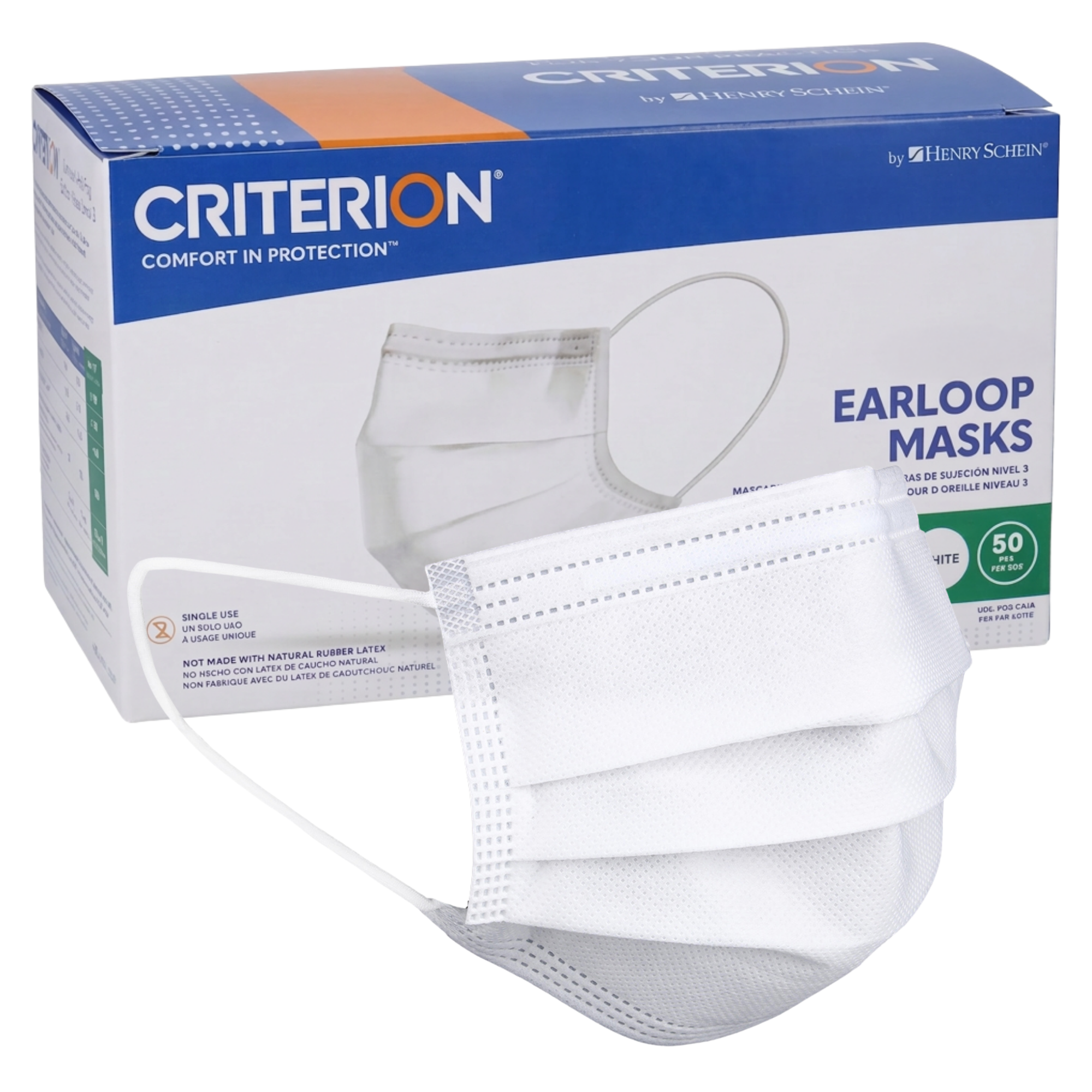 Criterion ASTM Level 3 Disposable Face Mask – White, 3-Ply, Fluid Resistant, Latex-Free, Flat Earloops, Adult, 50/Box