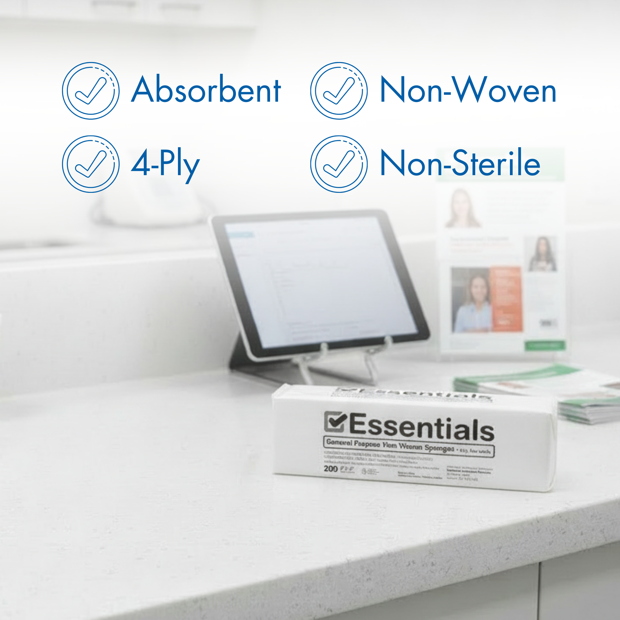 Essentials Non-Woven Gauze Sponges – 2" x 2", 4-Ply, Rayon/Poly Blend, Non-Sterile, Soft & Absorbent, Low-Lint, Disposable – 200 Count