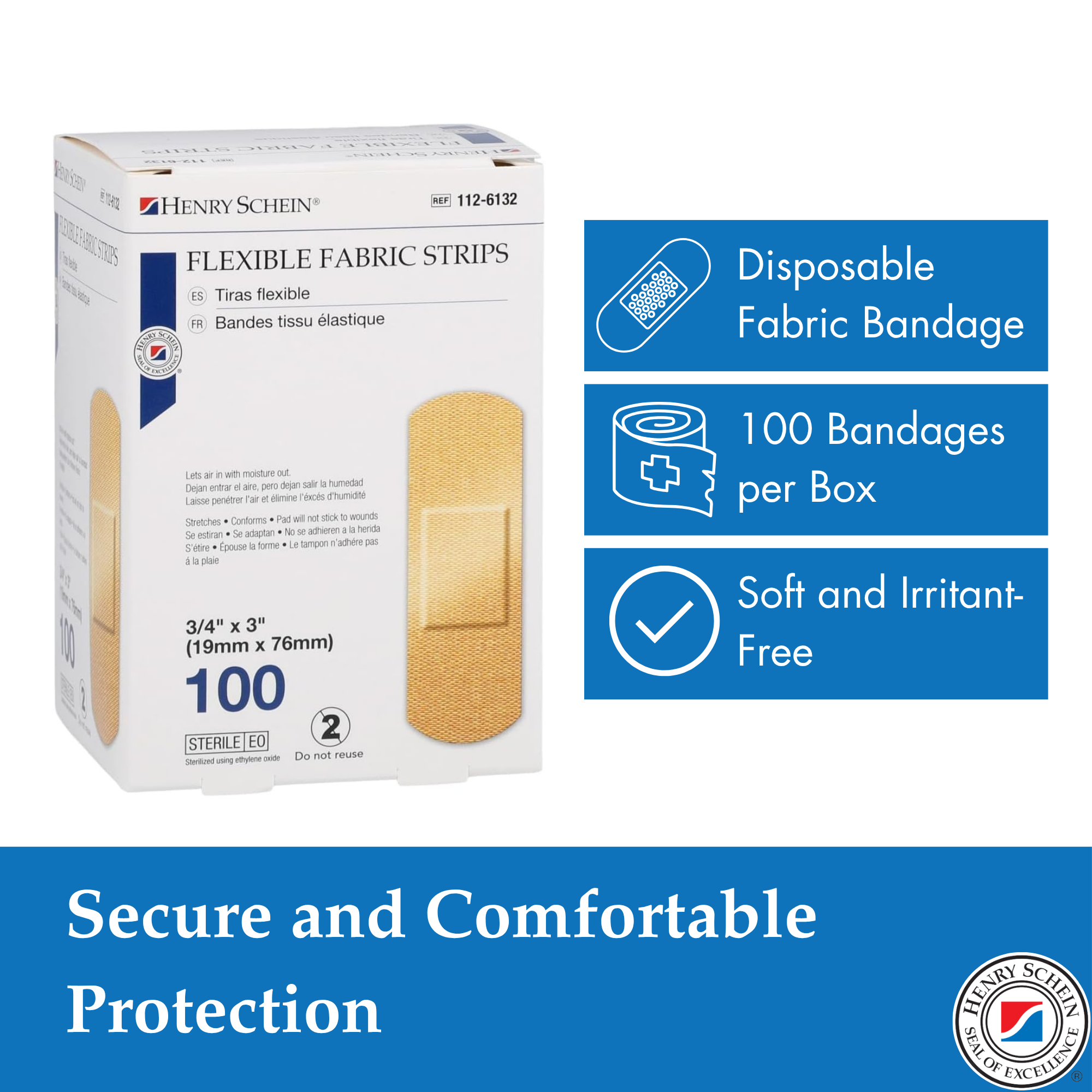 Henry Schein Sterile Adhesive Fabric Bandages, 3/4" x 3" – Box of 100 Flexible, Breathable Strips – Soft, Stretchable Wound Covers for First Aid, Medical Use, Clinics & Emergency Kits