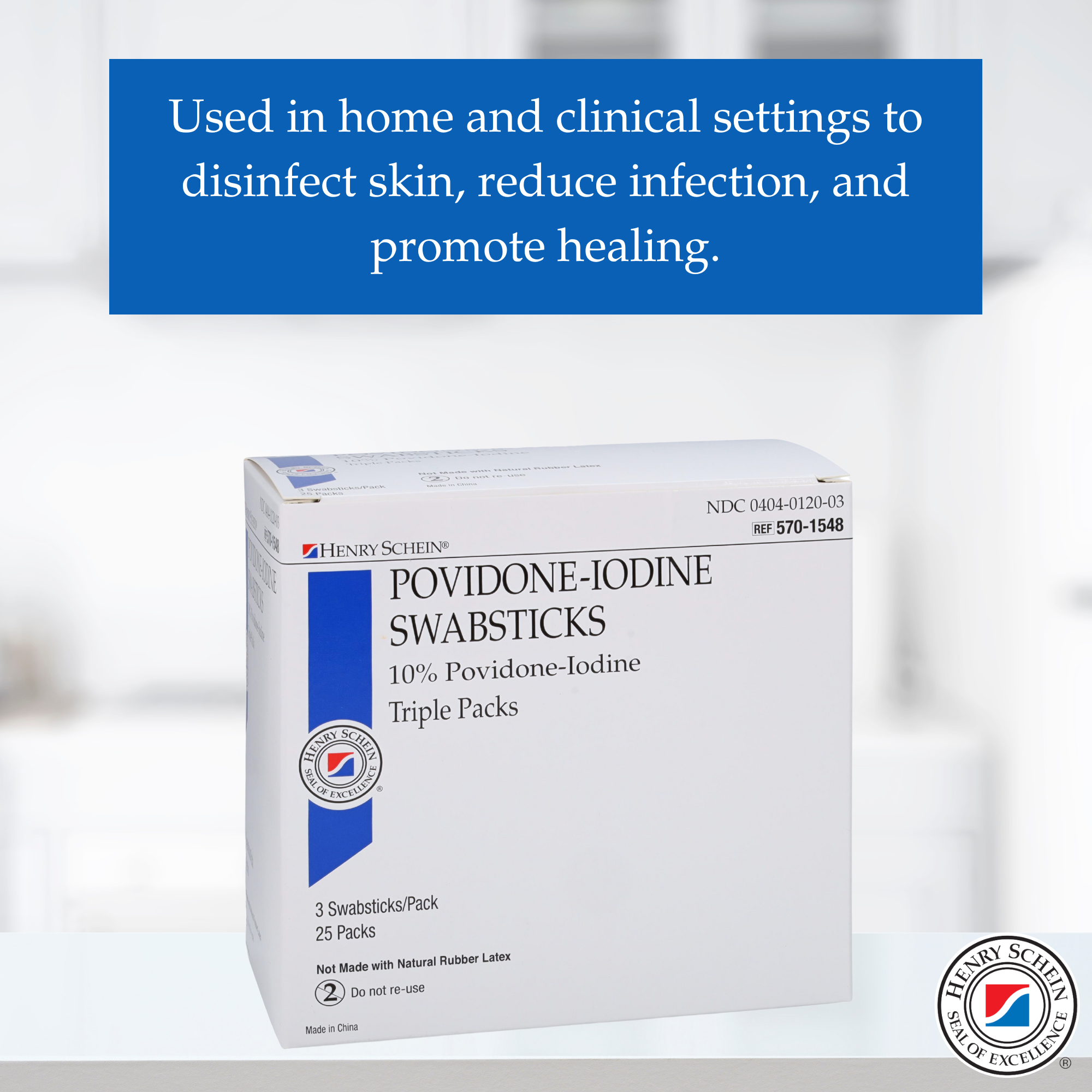 Henry Schein Prep Povidone-Iodine Swabsticks 3's, Individually Packed, Sterile, Antiseptic for Skin Preparation, 10% Povidone-Iodine- 25/BX