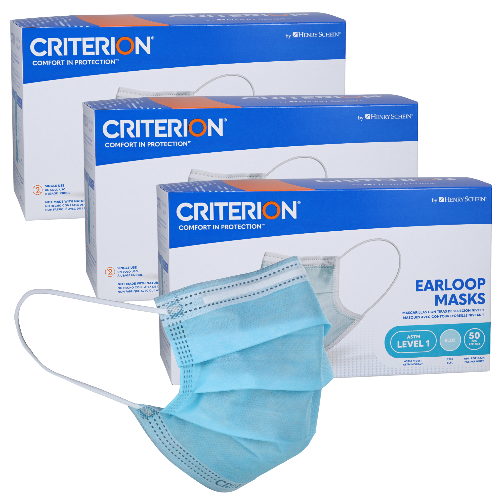 Criterion ASTM Level 1 Disposable Face Mask, Adult Size, Blue, 3-Ply, Fluid Resistant, Latex-Free, Flat Earloops, Adjustable Nose Piece, 50/Box
