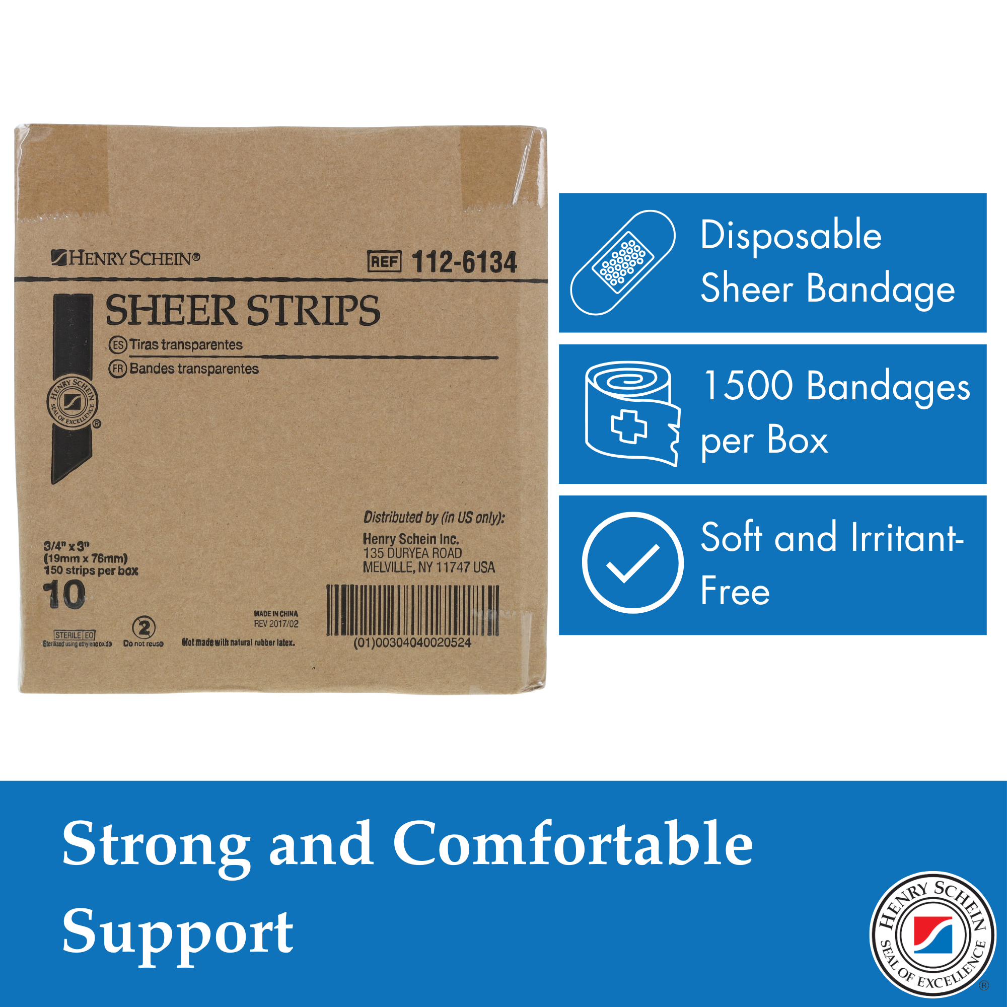 Henry Schein Sheer Adhesive Bandages, 3/4" x 3" Sterile Strips | Bulk Case of 1,500 (10 Packs of 150) | Breathable, Latex-Free First Aid Bandages for School Nurses, Offices & Businesses