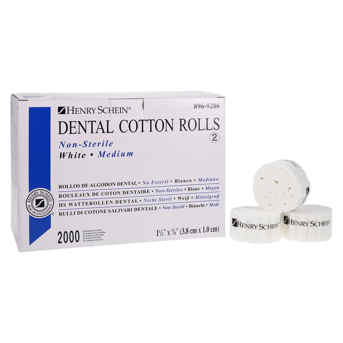 Henry Schein Size 2 Medium Premium Cotton Rolls – 1.5” Length, 0.375” Diameter, 2000/Box – Non-Sterile, White, Latex-Free – Ideal for Dental and Medical Use
