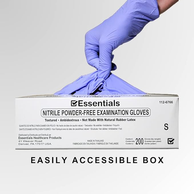 Essentials Healthcare Products Nitrile Powder-Free Examination Gloves; Box of 200 Exam Gloves, Latex-Free, Periwinkle