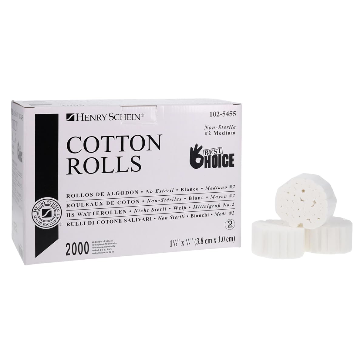 Henry Schein Size 2 Medium Cotton Rolls – 1.5” Length, 0.375” Diameter, 2000/Box – Non-Sterile, White, Latex-Free – Ideal for Dental and Medical Use