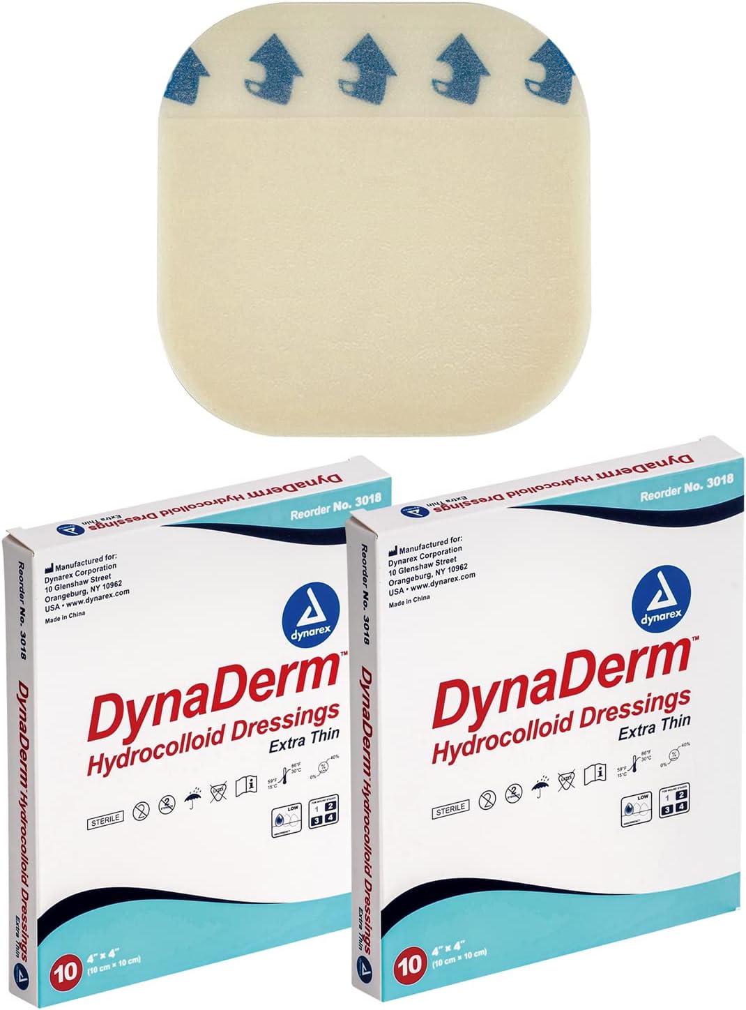 Dynarex DynaDerm Hydrocolloid Dressings, Sterile Moist Bandages Used for All Kinds of Wounds, 4" x 4", X-Thin & Latex-Free, Peel-Down Patches - 2 Boxes of 10 Dressings