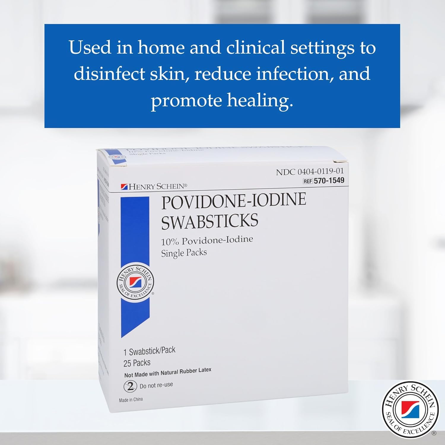 Henry Schein Prep Povidone-Iodine Swabsticks 1's- Individually Packed, Sterile, Antiseptic for Skin Preparation, 10% Povidone-Iodine- 25/BX