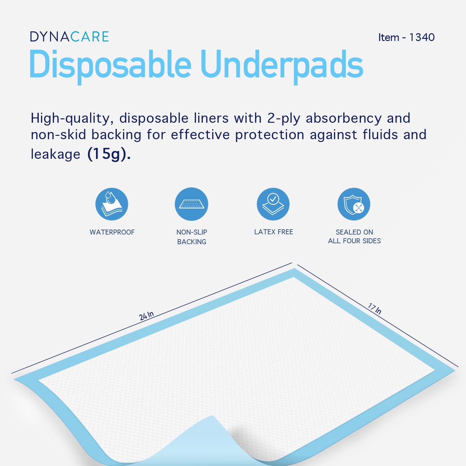 Dynarex Disposable UnderPad, 17" x 24", 15g, Incontinence Bed Pad to Protect Sheet, Mattresses, and Furniture