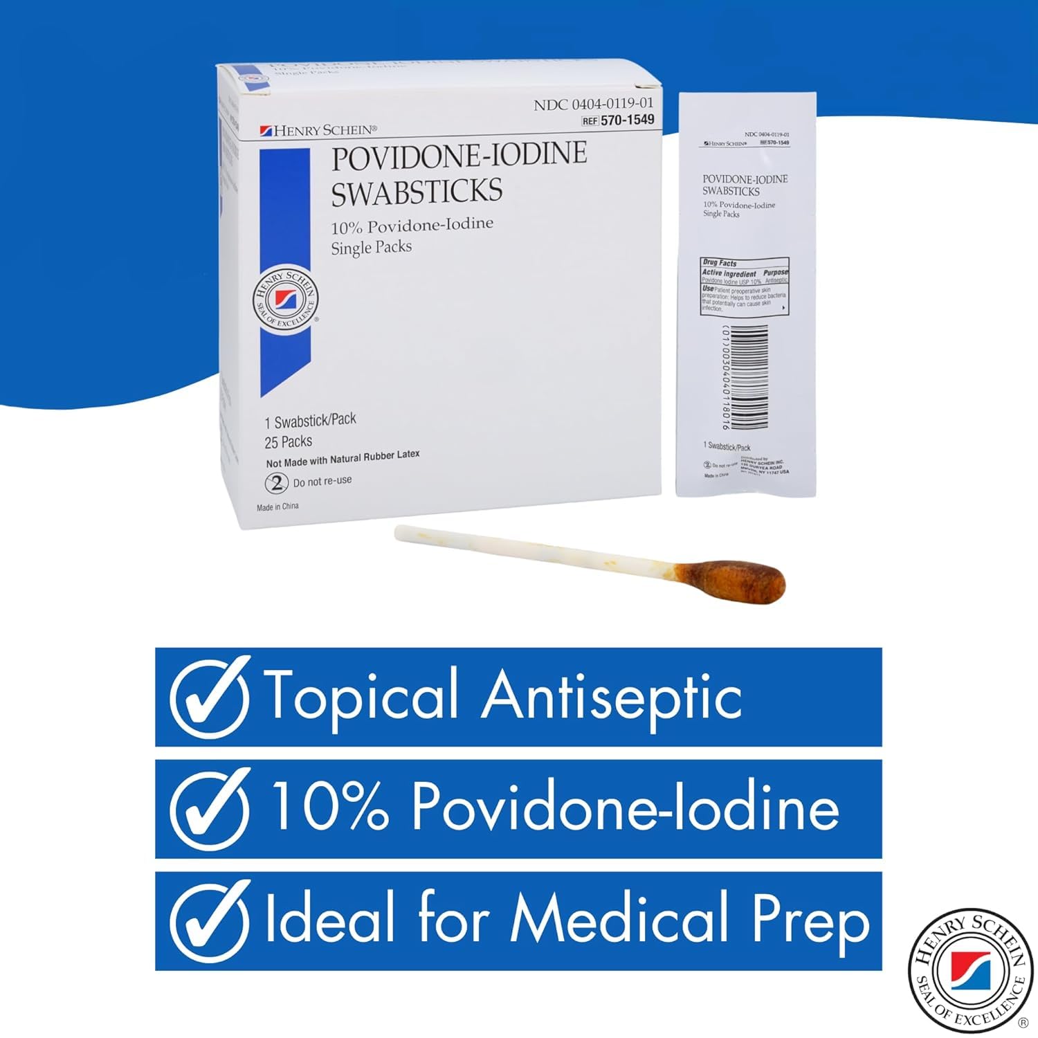 Henry Schein Prep Povidone-Iodine Swabsticks 1's- Individually Packed, Sterile, Antiseptic for Skin Preparation, 10% Povidone-Iodine- 25/BX