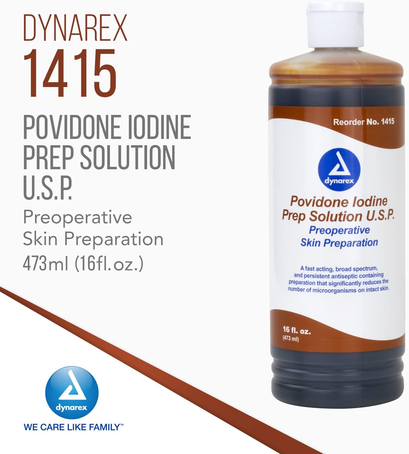 Dynarex Povidone Iodine Prep Solution USP, Effective Topical Antiseptic Liquid for Skin and Mucosa, Cleansing and Preparation, Brown, 1 - 16 Fluid Oz. Bottle