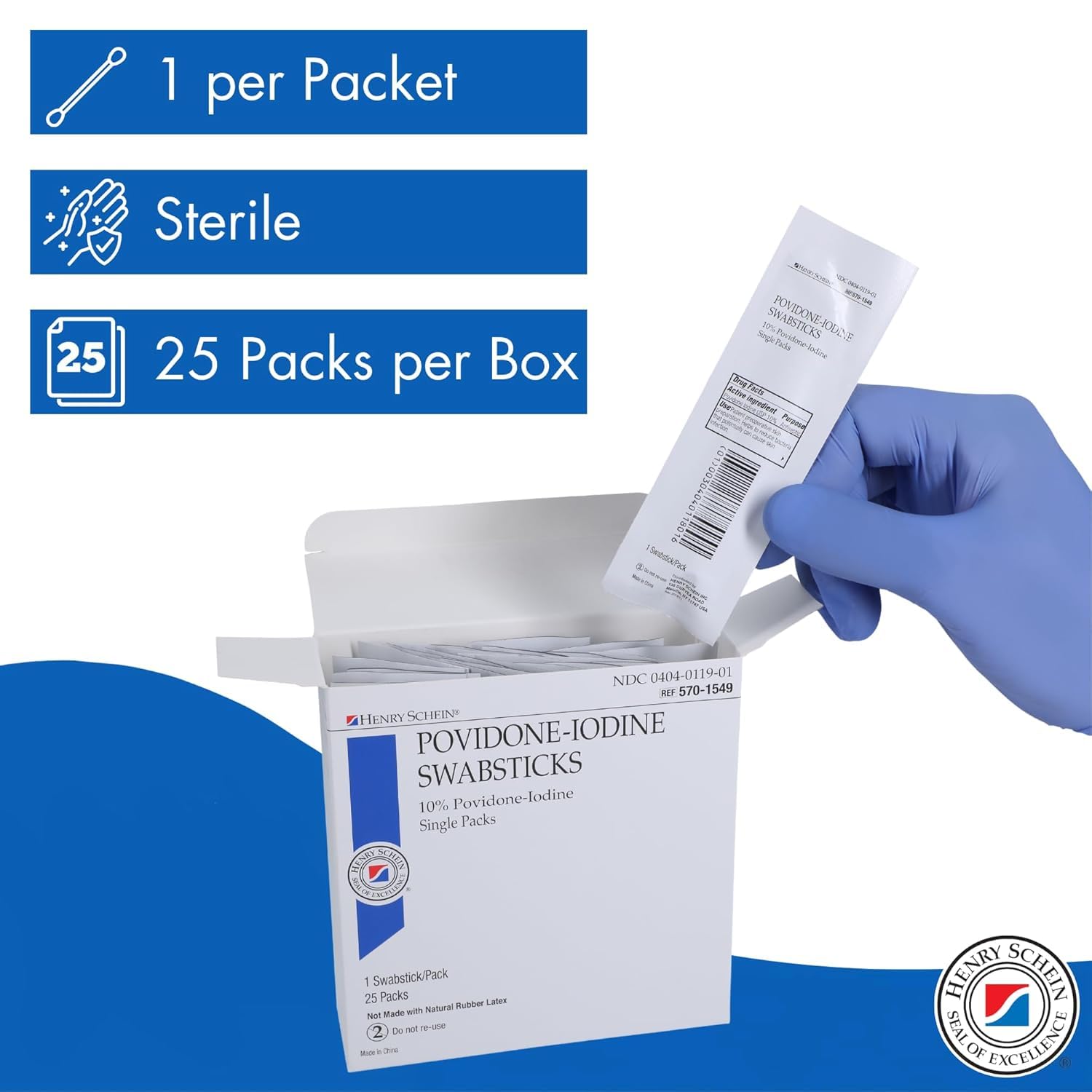 Henry Schein Prep Povidone-Iodine Swabsticks 1's- Individually Packed, Sterile, Antiseptic for Skin Preparation, 10% Povidone-Iodine- 25/BX
