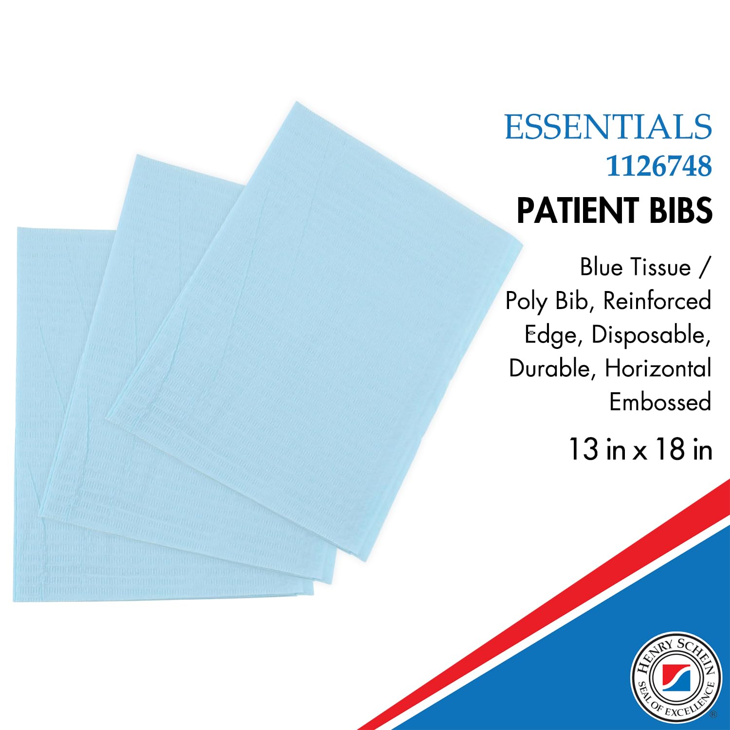 Essentials Patient Bibs – 2-Ply Tissue/Poly, 13” x 18”, 500/Case, Disposable with Reinforced Edge & Horizontal Embossed Texture – Fluid-Resistant Medical & Dental Bibs for Adults