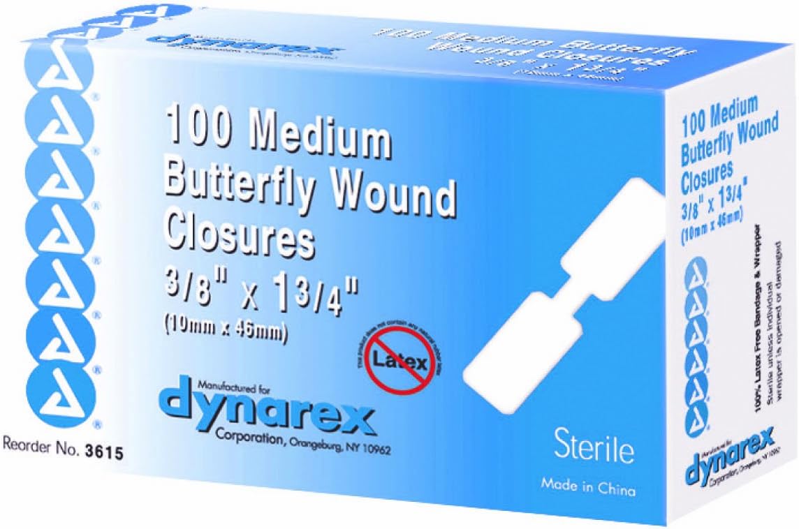 Dynarex Adhesive Bandage, Butterfly Fab, Medium, 3/8 Inches x 1 13/16 Inches Sterile, 100 Count…