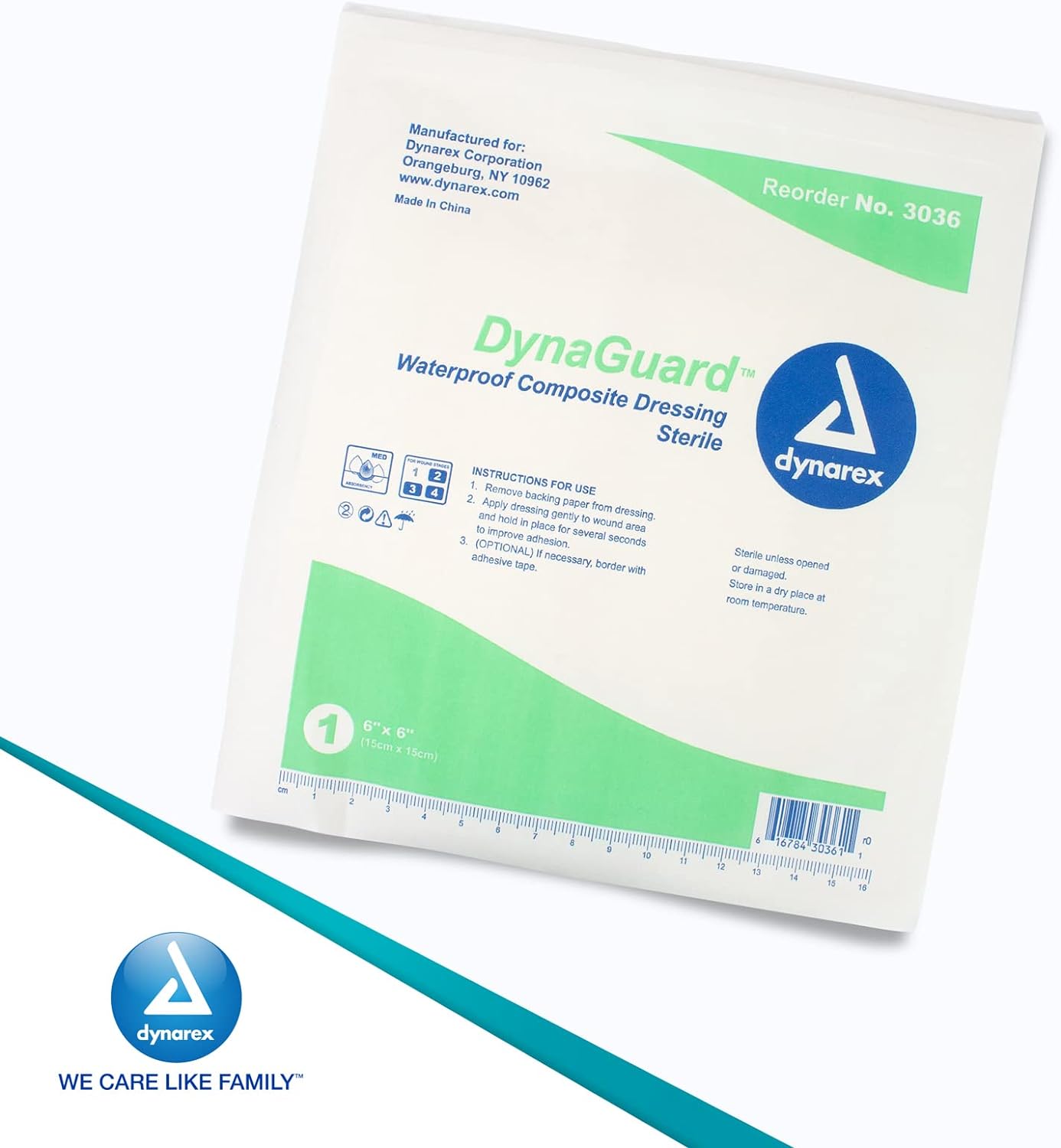 Dynarex 3036 DynaGuard Waterproof Dressing, Sterile, Four-Layer Composite Dressing, 6" x 6", Pack of 10