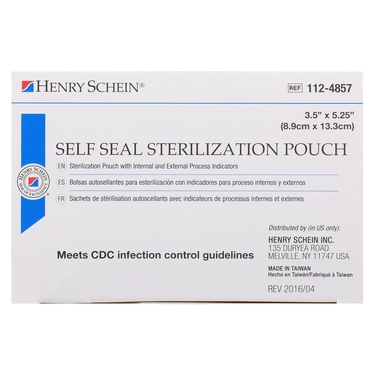 Henry Schein Self-Sealing Sterilization Pouches, Latex-Free, Built in Color Change Guide 3.5 in x 5.25