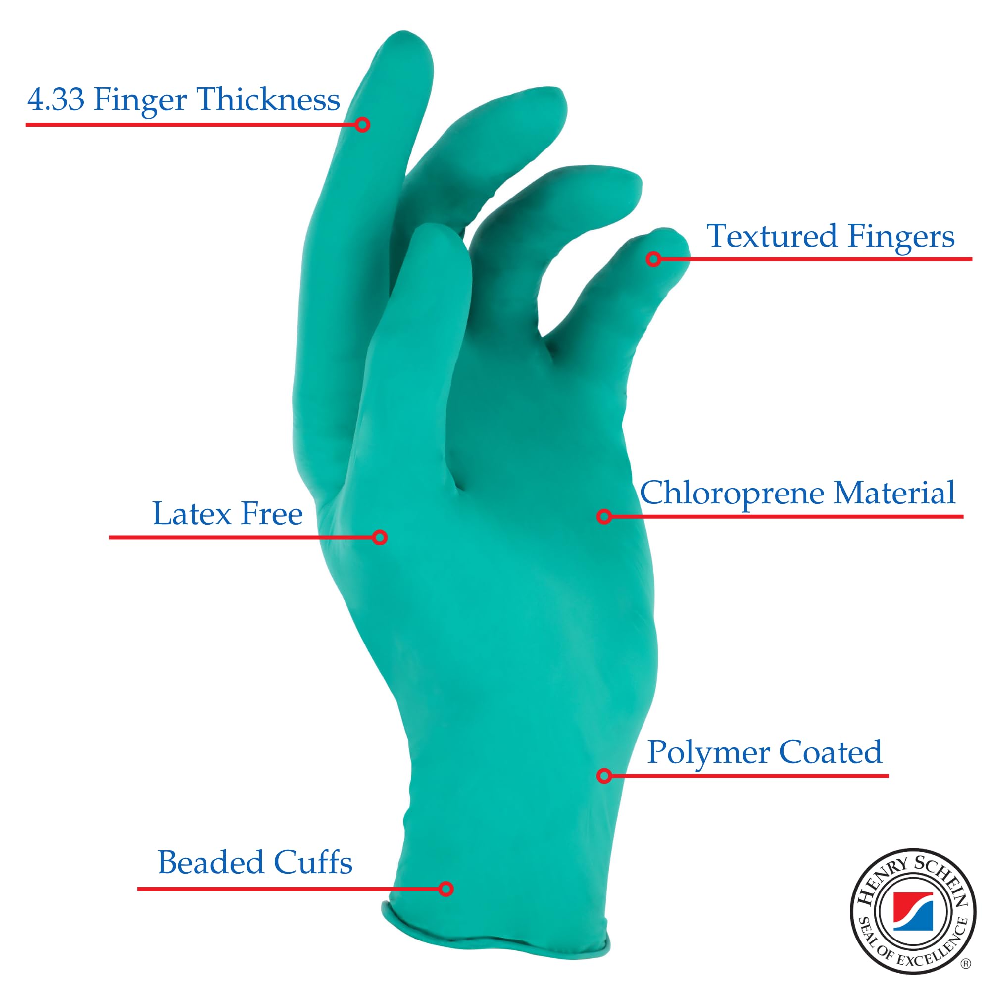 Criterion Chloroprene Exam Gloves, XS-X-Large, Green, 100/Box – Non-Sterile, Latex-Free, Disposable, Textured Fingers, 4.33 Mil Finger Thickness, Chemical & Tear Resistant, Beaded Cuff