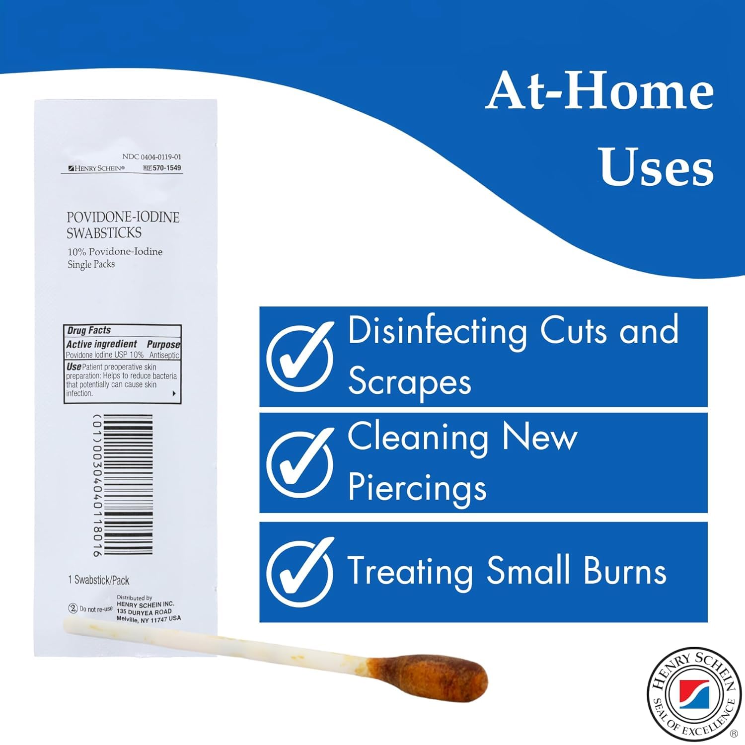 Henry Schein Prep Povidone-Iodine Swabsticks 1's- Individually Packed, Sterile, Antiseptic for Skin Preparation, 10% Povidone-Iodine- 25/BX