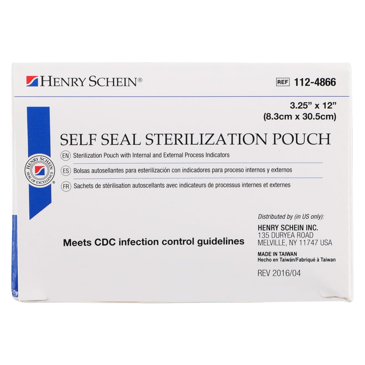 Henry Schein Self-Sealing Sterilization Pouches, Latex-Free, Built In Color Change Guide 3.25 in x 12 in 200/Bx
