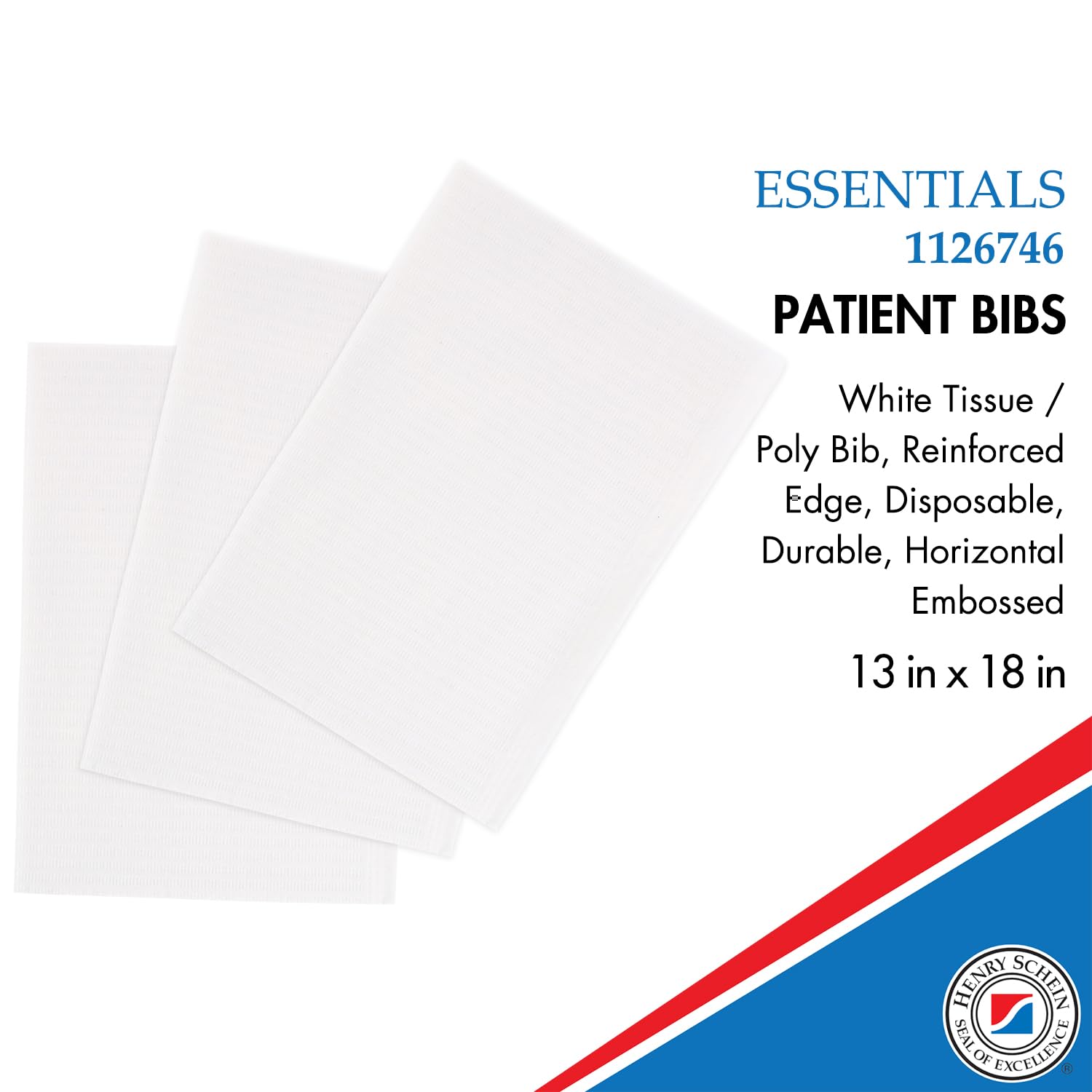 Essentials Patient Bibs – 2-Ply Tissue/Poly, 13” x 18”, 500/Case, Disposable with Reinforced Edge & Horizontal Embossed Texture – Fluid-Resistant Medical & Dental Bibs for Adults