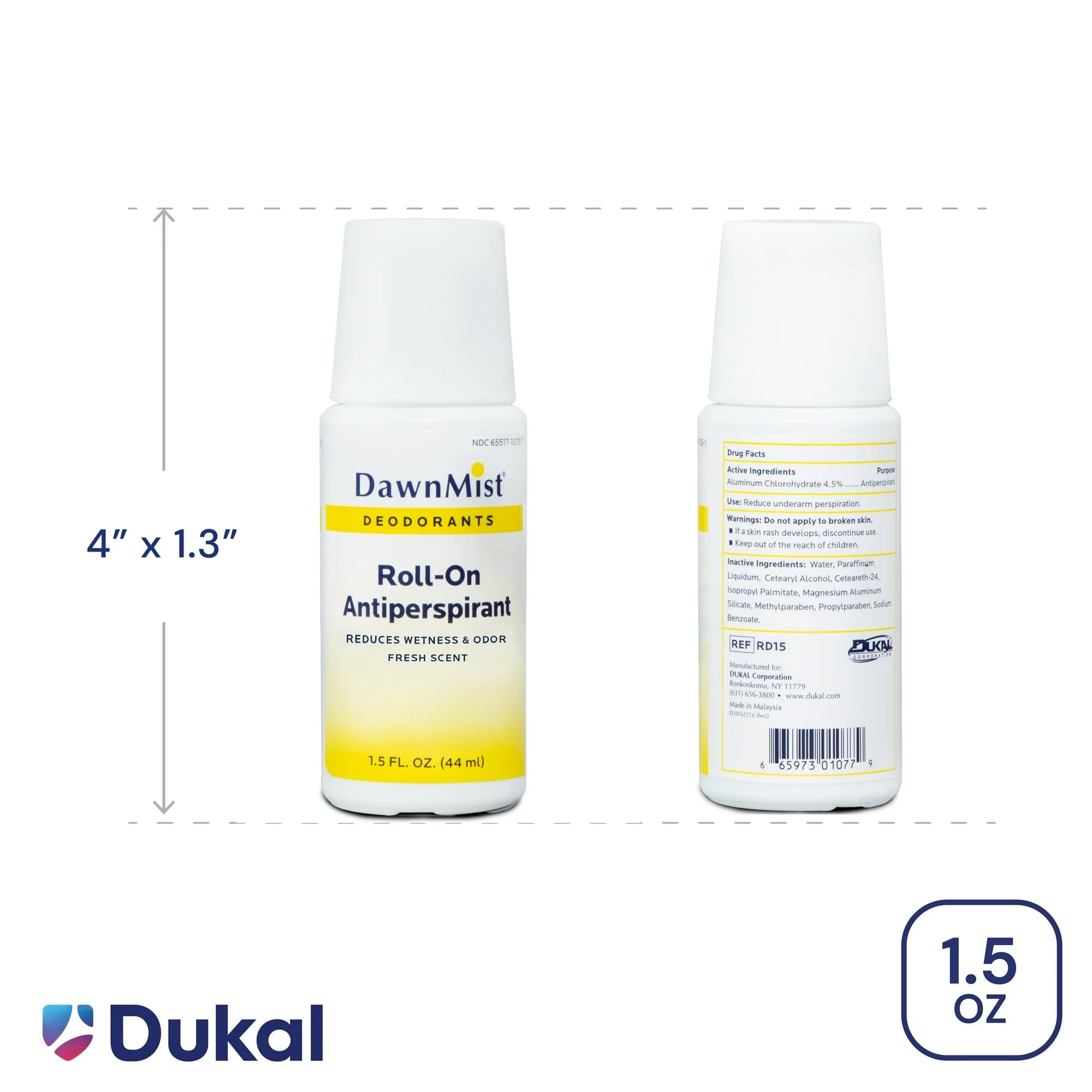 Dukal RD15 DawnMist Roll On Antiperspirant & Deodorant, Fresh Scent, Travel Size, 1.5oz
