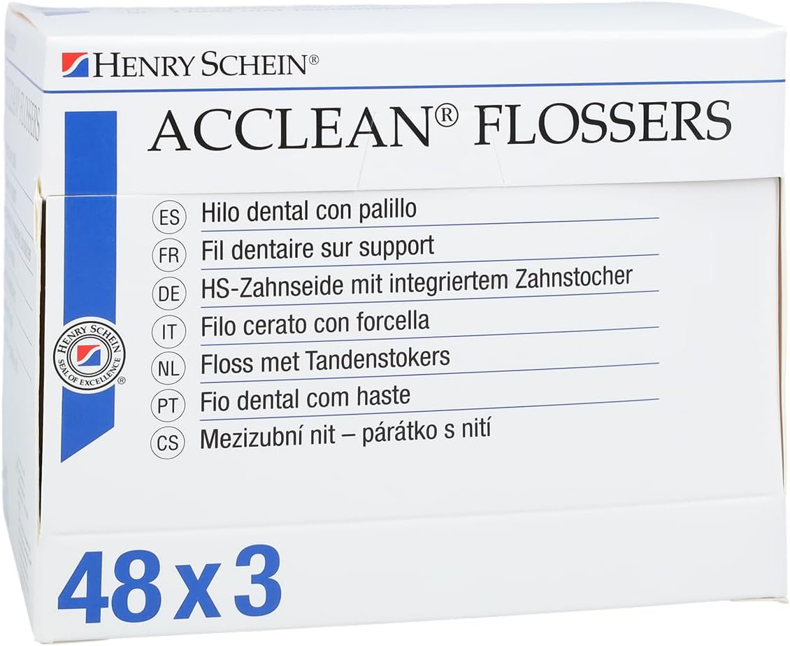Acclean Dental Flossers Unflavored, 144 Count (48 Packs of 3), Interdental Floss Picks with Gum Stimulator, Shred-Resistant Floss, Dispenser Box for Easy Storage