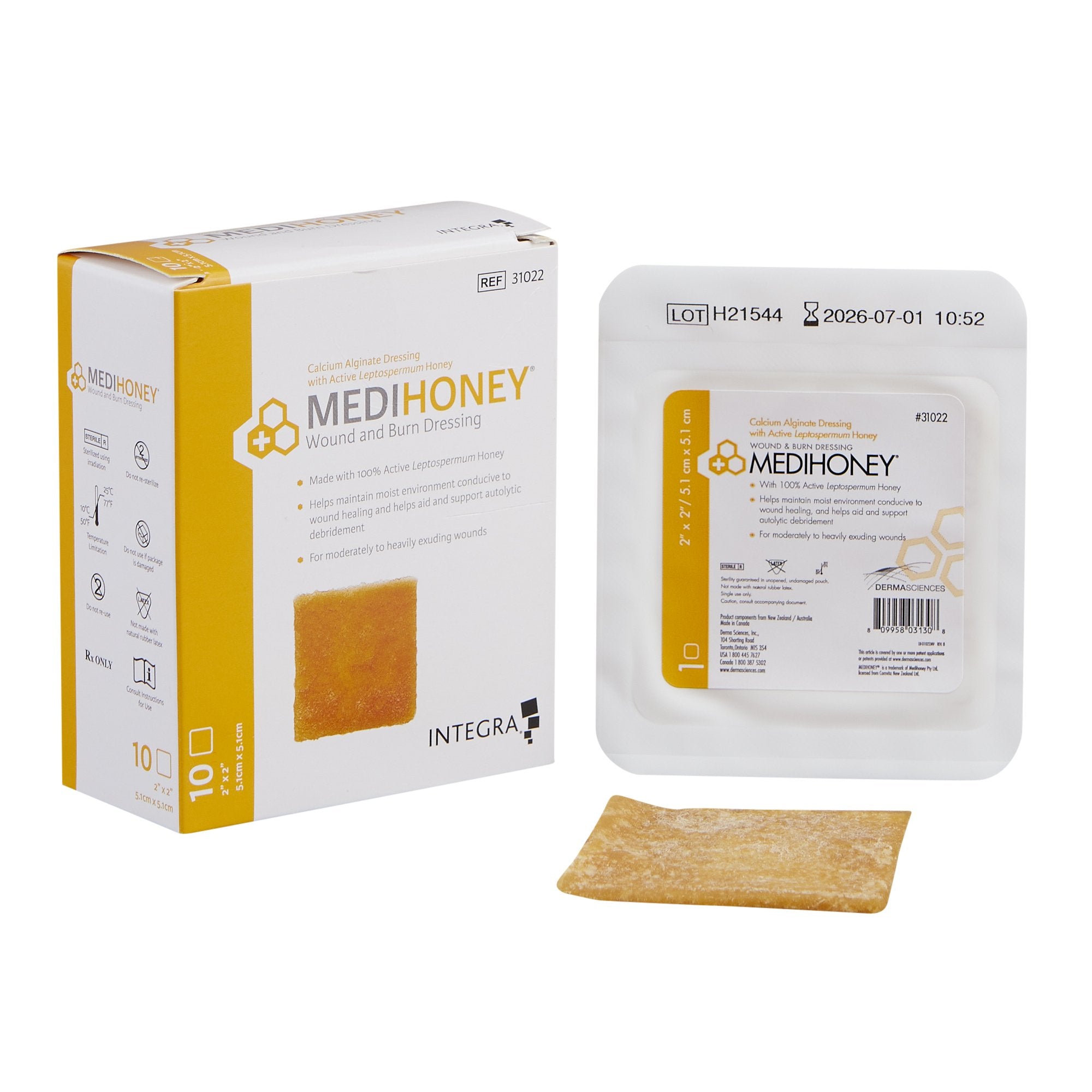 Derma Sciences 31022 Medihoney Calcium Alginate Dressing, 2" Width x 2" Length (Pack of 10)
