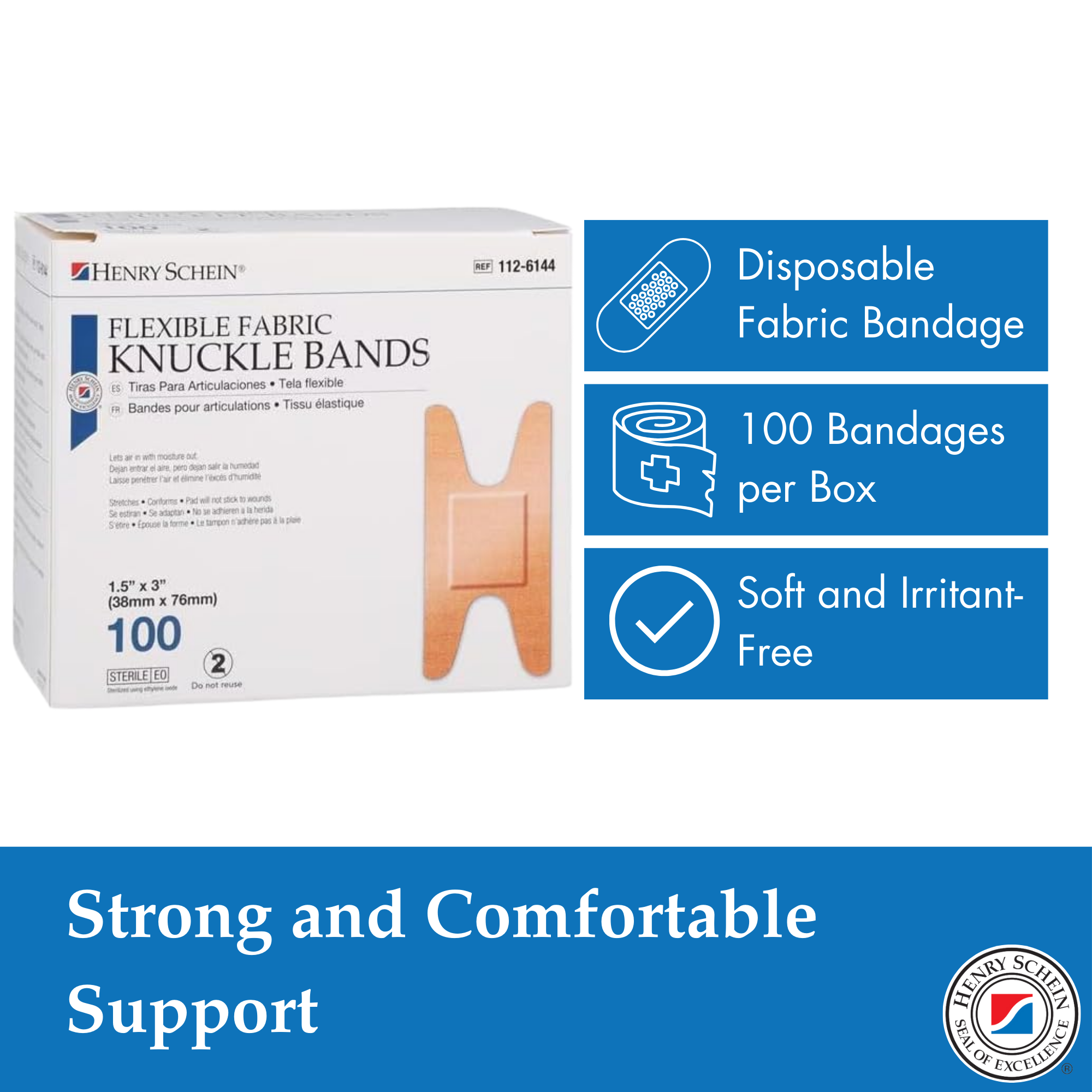 Henry Schein Fabric Knuckle Flexible Adhesive Bandages – Bandages with Non-Stick Pad, Latex Free, Wound Care for First Aid Kit, 1.5” x 3"