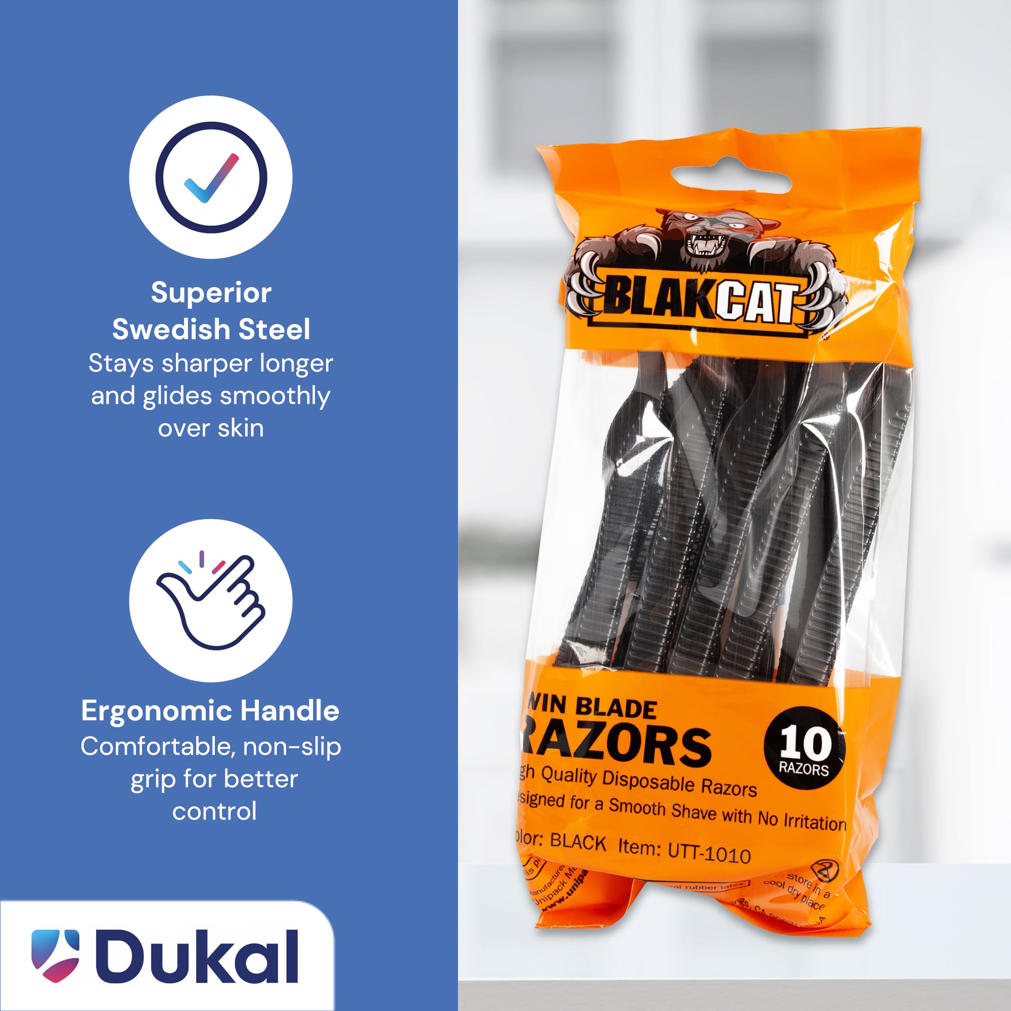 Dukal BlakCat Disposable Razors – Black, Twin Blade, Non-Sterile, Ergonomic Handle – Black Razors for Tattoo, Medical, Salon and Personal Use