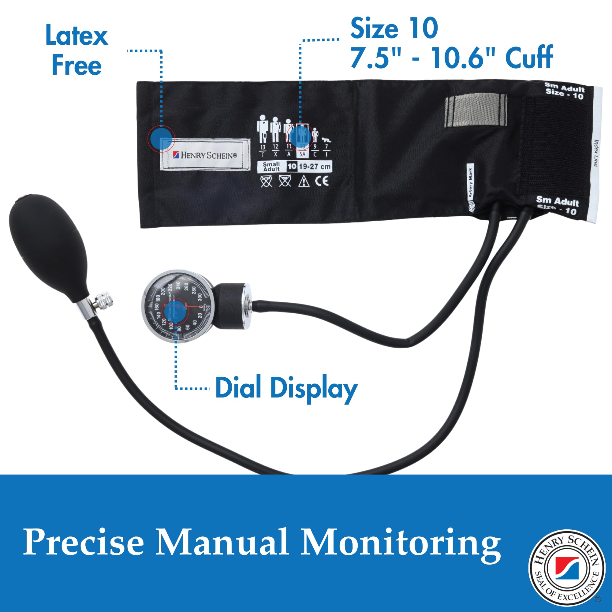 Henry Schein Prosphyg Adult Aneroid Sphygmomanometer – Black Cuff, Manual Blood Pressure Monitor, Dial Display, Reusable, Latex-Free, Carrying Case – 1 Count