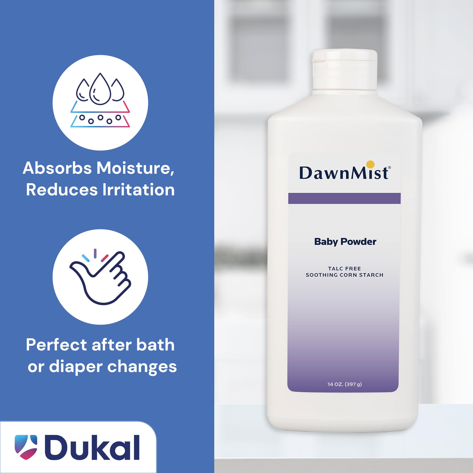 Dukal DawnMist Cornstarch Baby Powder 14 oz – Pack of 12 | Gentle, Talc-Free Formula for Baby & Adult Use, Soothes & Absorbs Moisture