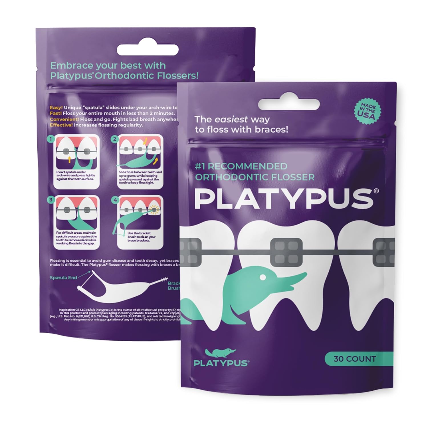 Platypus Orthodontic Flossers for Braces - Dental Floss Picks for Braces, Fits Under Arch Wire, Will Not Damage Braces, Increase Flossing Compliance, Floss Teeth in Less Than Two Minutes - 30 Count