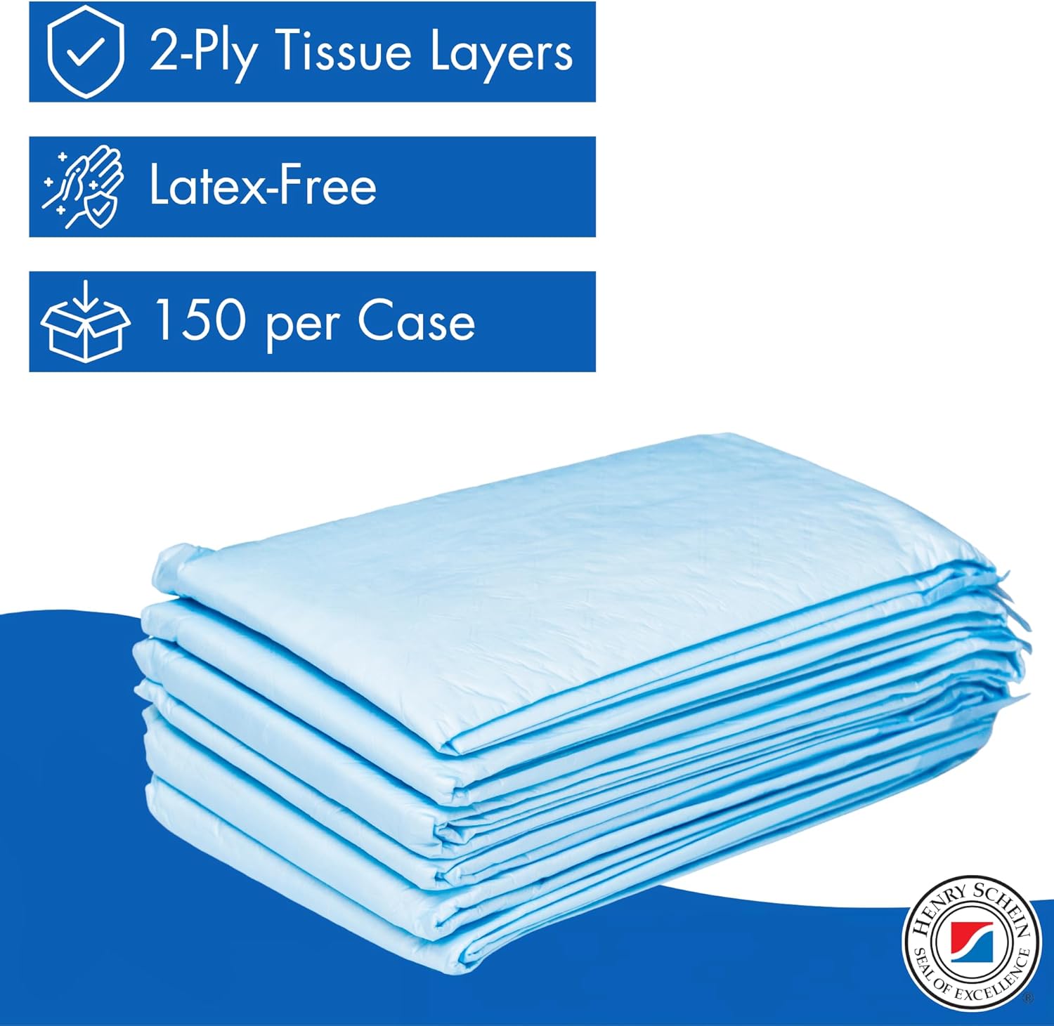 Henry Schein Disposable Underpads 30" x 30" – Light Absorbency, 2-Ply, Latex-Free, Poly-Backed