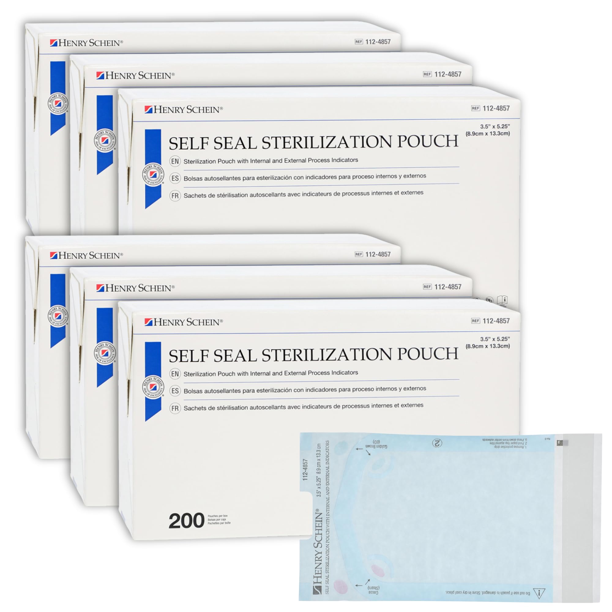 Henry Schein Self-Sealing Sterilization Pouches, Latex-Free, Built in Color Change Guide 3.5 in x 5.25