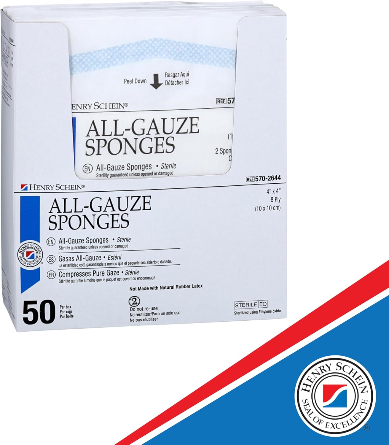 Henry Schein Premium 100% Cotton All-Gauze Sponge 4x4 8 Ply Sterile Square for Wound Care & Home First Aid Kits - 50/Box