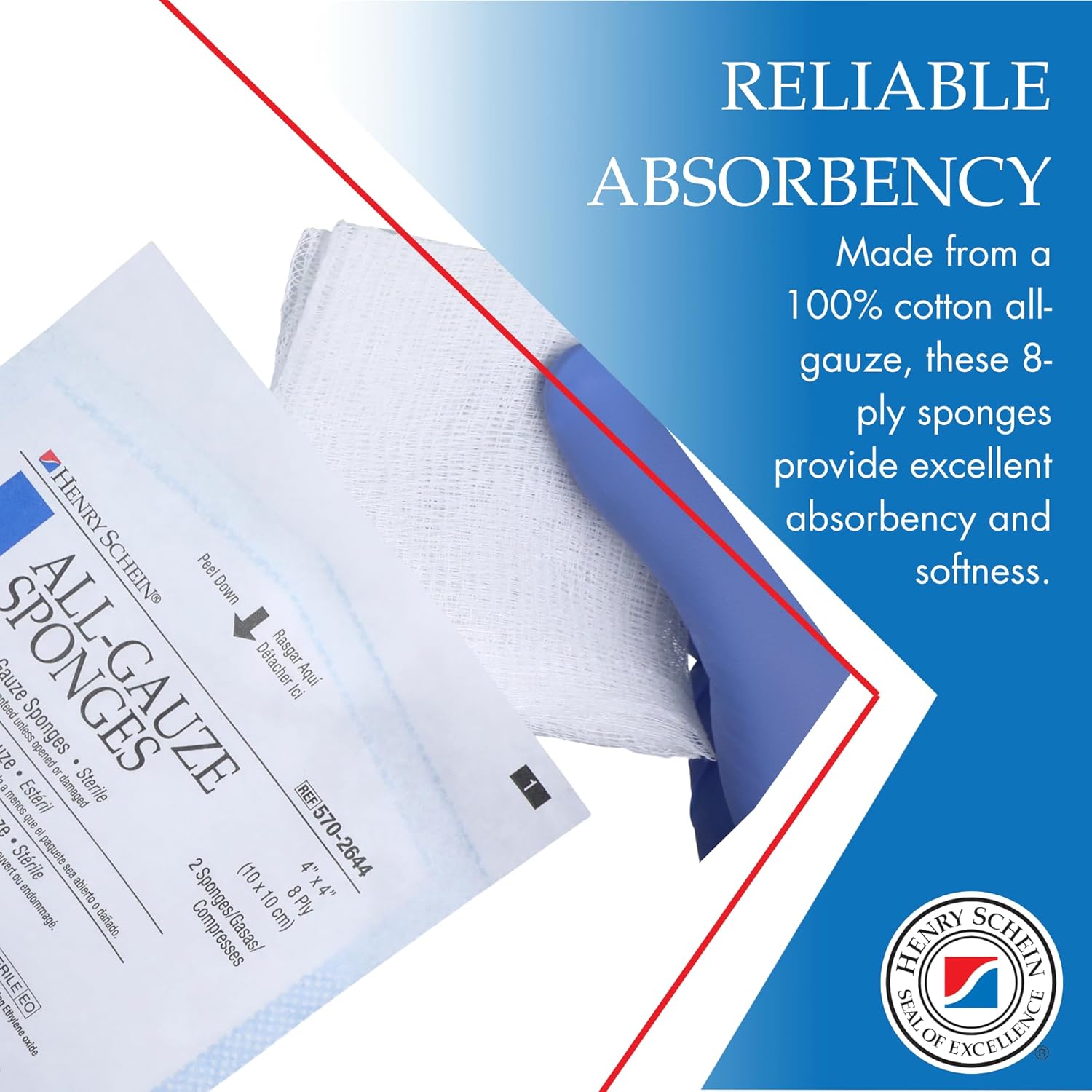 Henry Schein Premium 100% Cotton All-Gauze Sponge 4x4 8 Ply Sterile Square for Wound Care & Home First Aid Kits - 50/Box