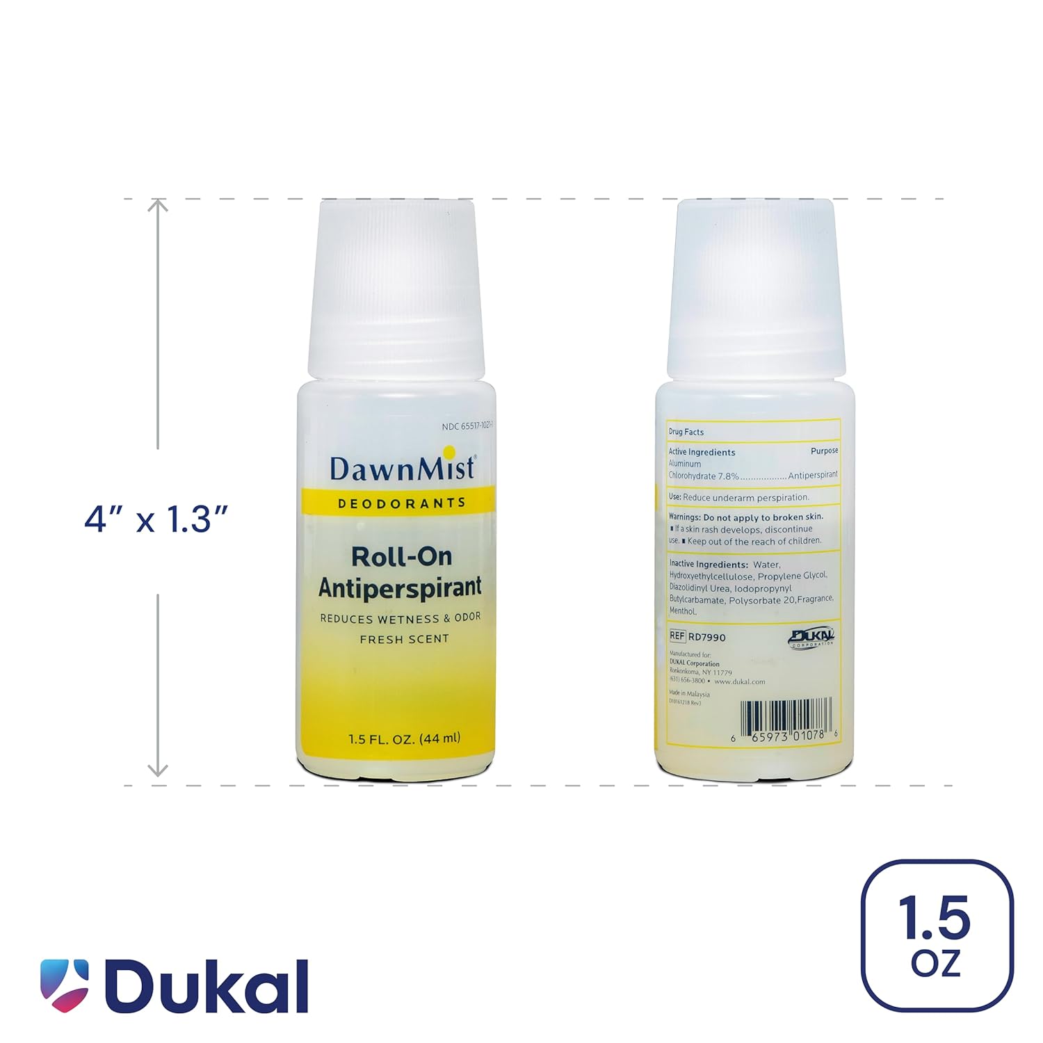 DawnMist Antiperspirant Deodorant Roll-On, 1.5 oz Clear Bottle – Fresh Scent, Long-Lasting Protection (Pack of 96)