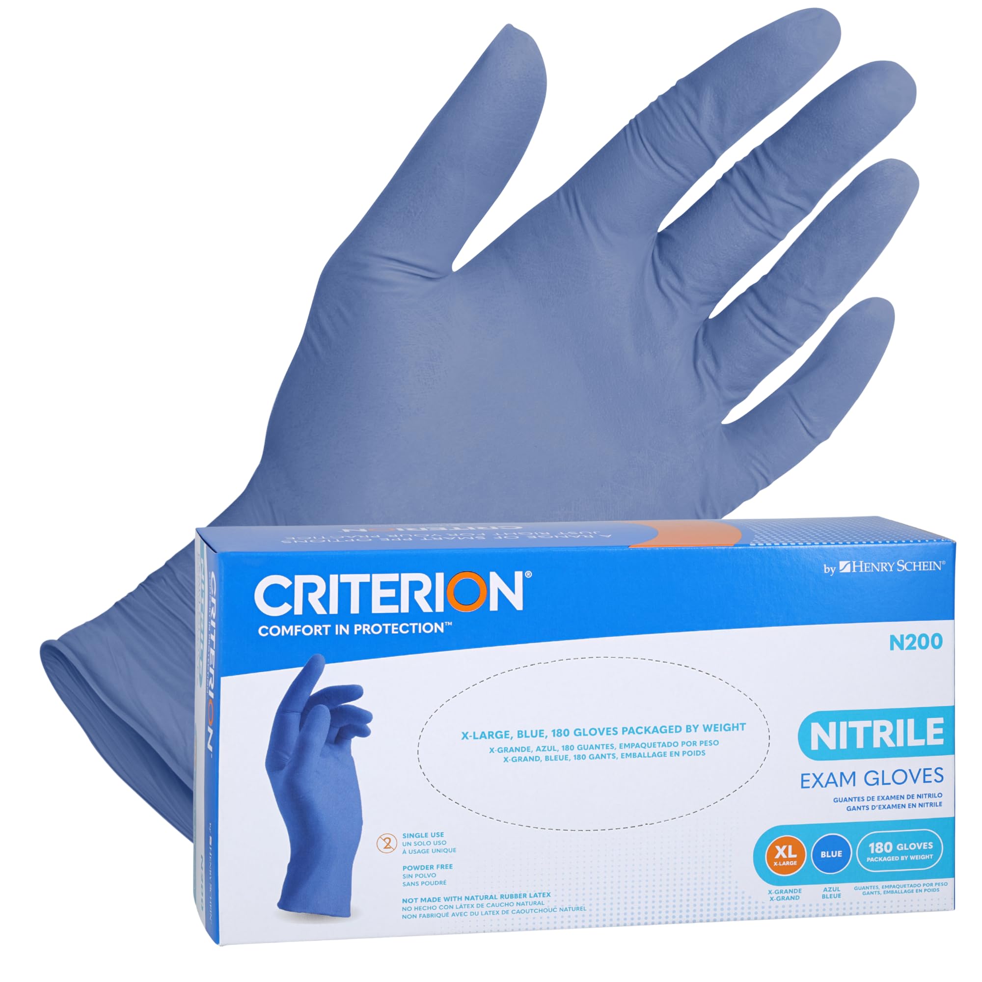 Criterion N200 Nitrile Exam Gloves – Blue, 200/Box – Chemo Tested, Latex-Free, Chlorinated, Textured Fingers, 3.54 Mil Finger Thickness, Beaded Cuff, Non-Sterile, Disposable
