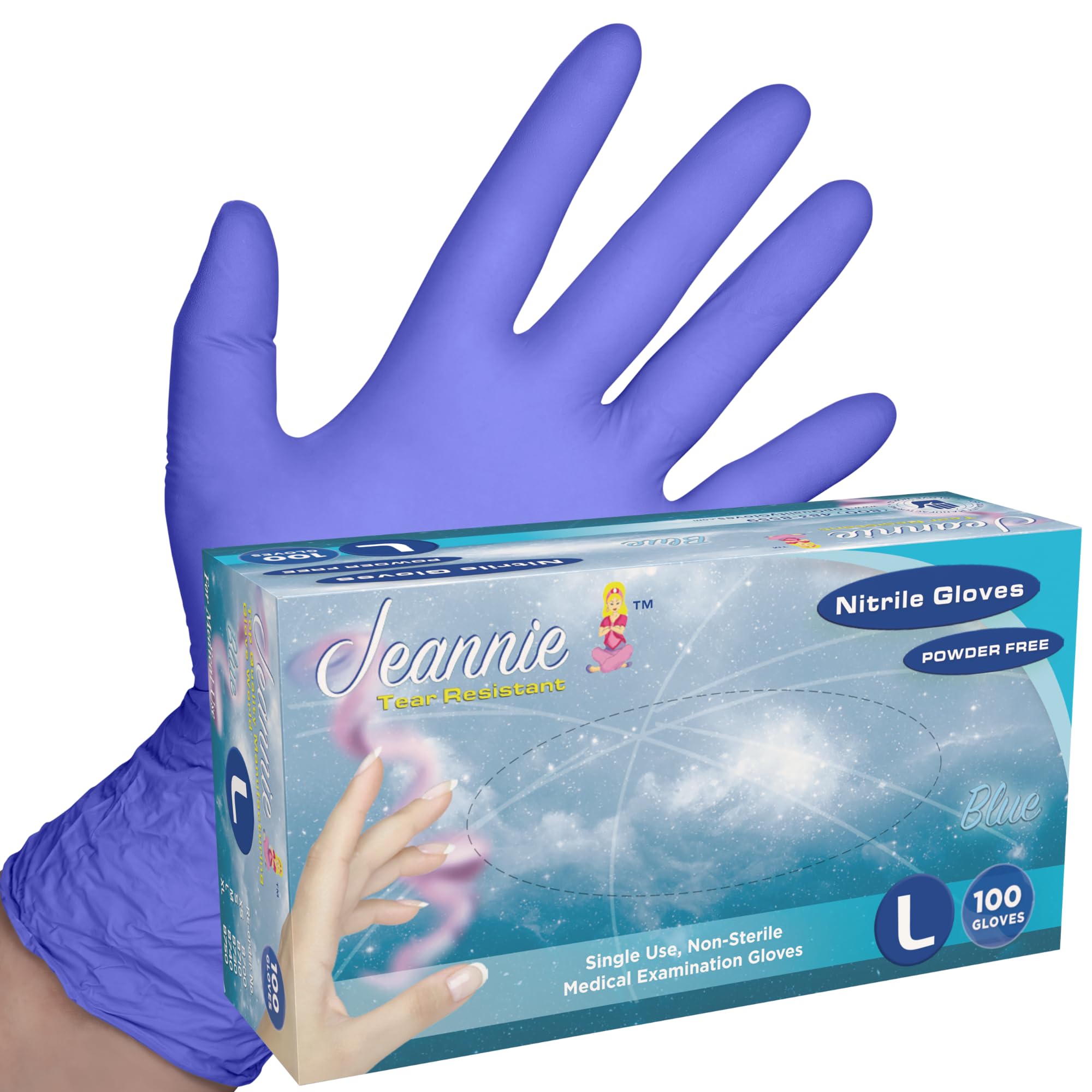 Jeannie Glove World Nitrile Disposable Gloves – Blue – Super Stretch, Tear-Resistant, Latex and Powder Free – Ideal for Food Prep, Arts & Crafts, Gardening, Light Tasks