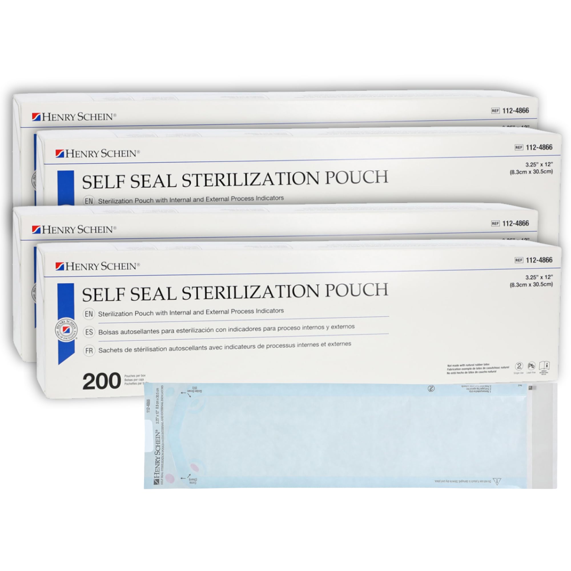 Henry Schein Self-Sealing Sterilization Pouches, Latex-Free, Built In Color Change Guide 3.25 in x 12 in 200/Bx
