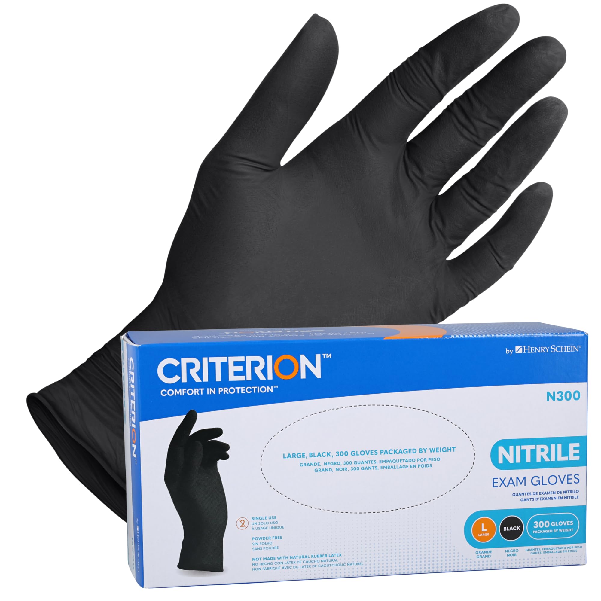 Criterion N300 Nitrile Exam Gloves, Black – 300/Box, Latex-Free, Disposable, Textured Fingertips, Beaded Cuff, Non-Sterile, Ambidextrous