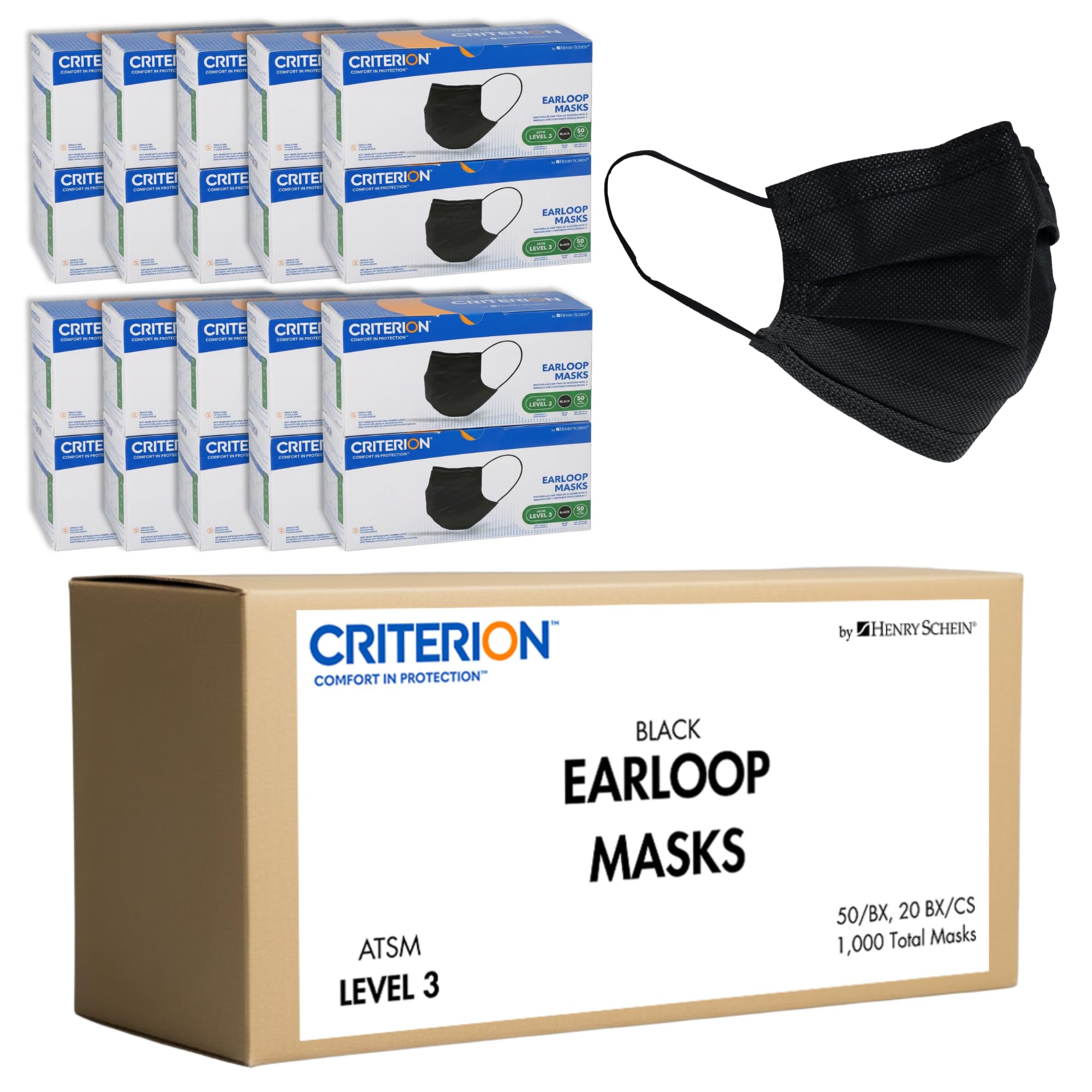 Criterion ASTM Level 3 Disposable Face Mask – Black, 3-Ply, Fluid Resistant, Latex-Free, Flat Earloops, Adult, 50/Box