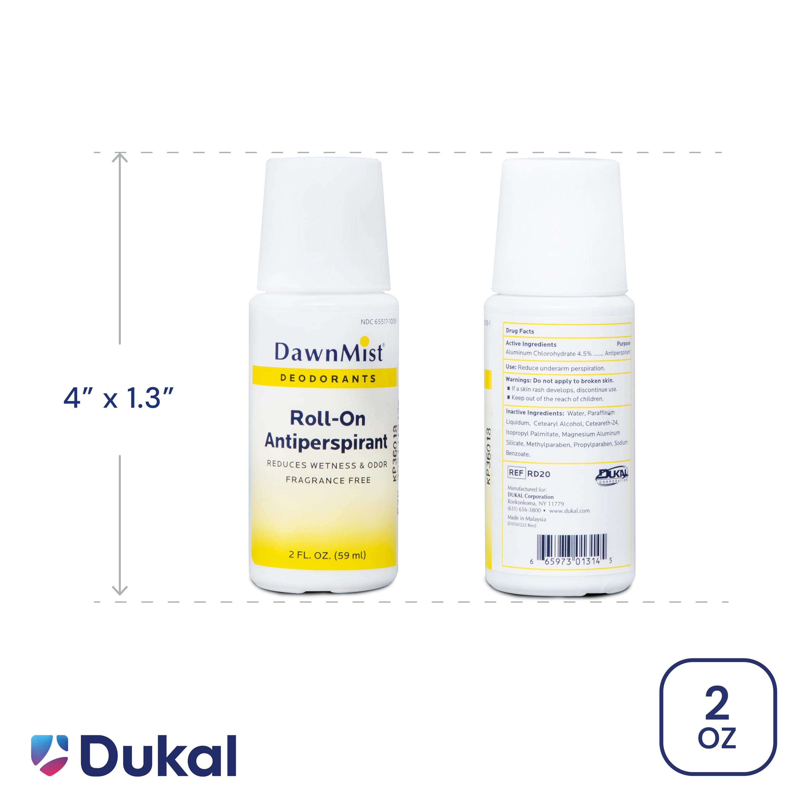 Dukal Dawn Mist Antiperspirant Deodorant, 2 oz., Unscented, Roll-On (Pack of 96) RD20