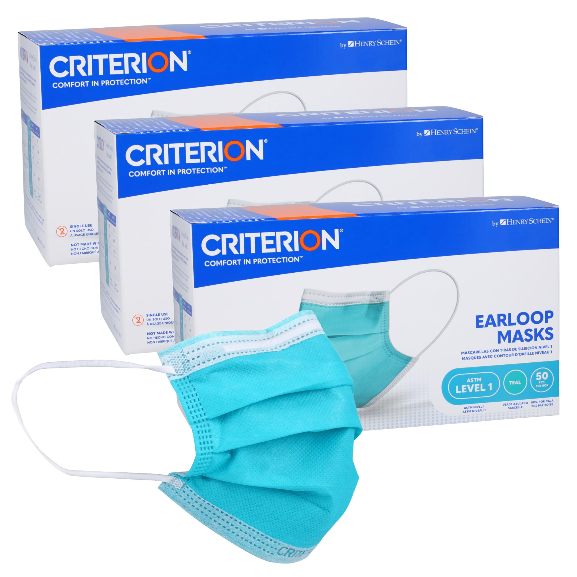 Criterion ASTM Level 1 Disposable Face Mask, Adult Size, Teal, 3-Ply, Fluid Resistant, Latex-Free, Flat Earloops, Adjustable Nose Piece, 50/Box