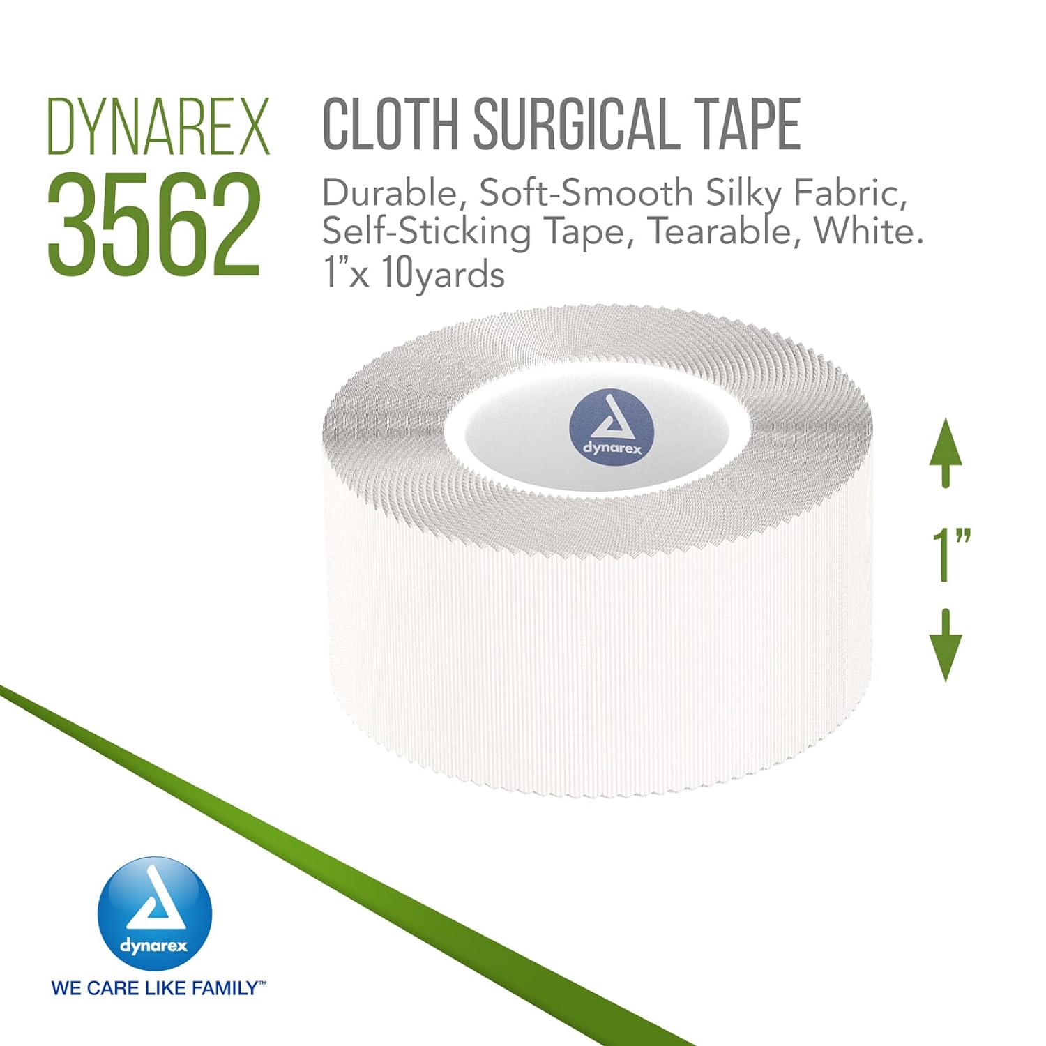 Dynarex Cloth Surgical Tape, Durable, Soft-Smooth Silky Fabric, Latex-Free, Self-Sticking Tape, Tearable, Secure Adhesion, White, 1” x 10 yds, 1 Box of 12 Rolls of Tape